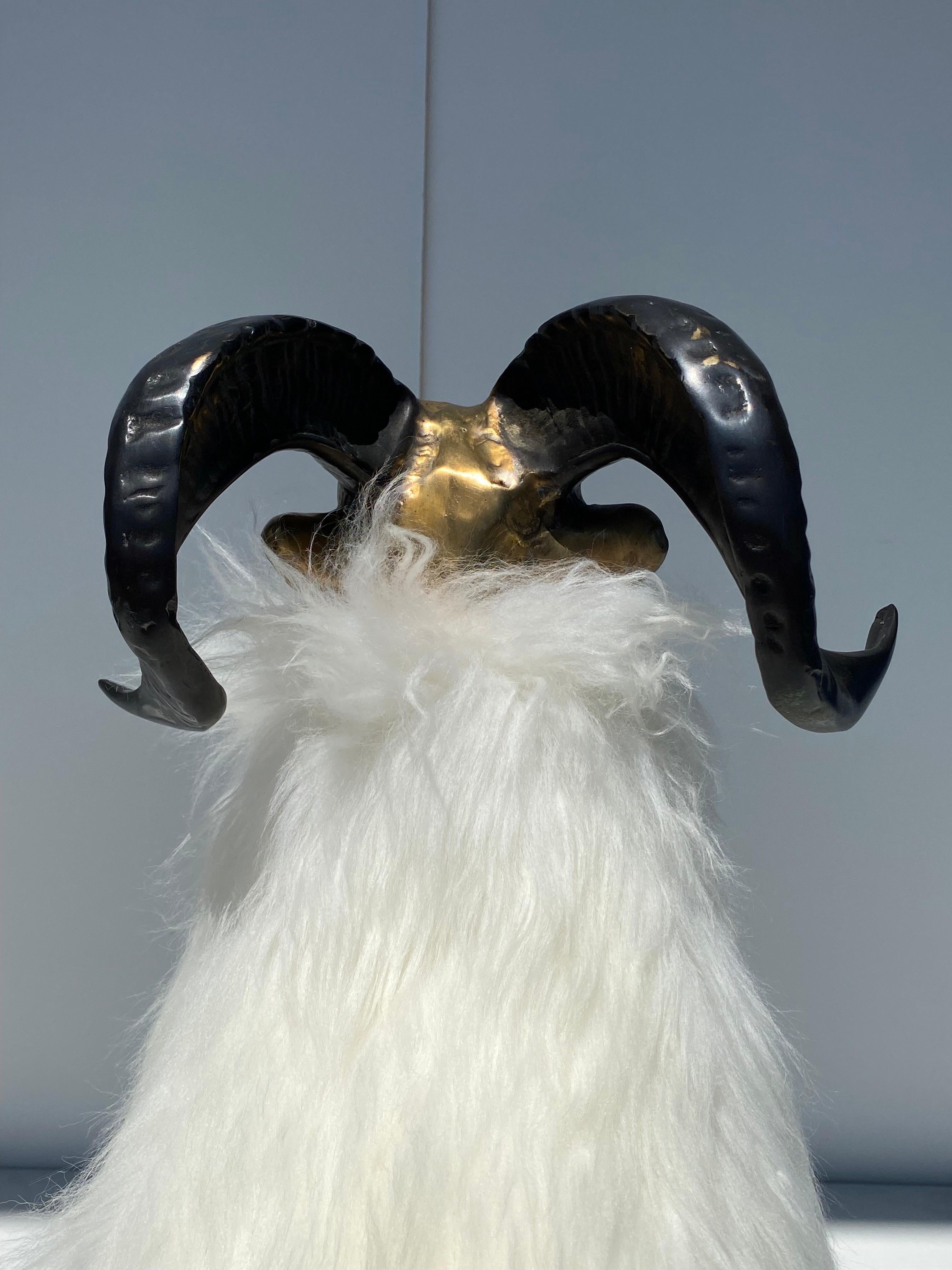 Brass Sheep / Ram Sculpture in White Fur  For Sale 5