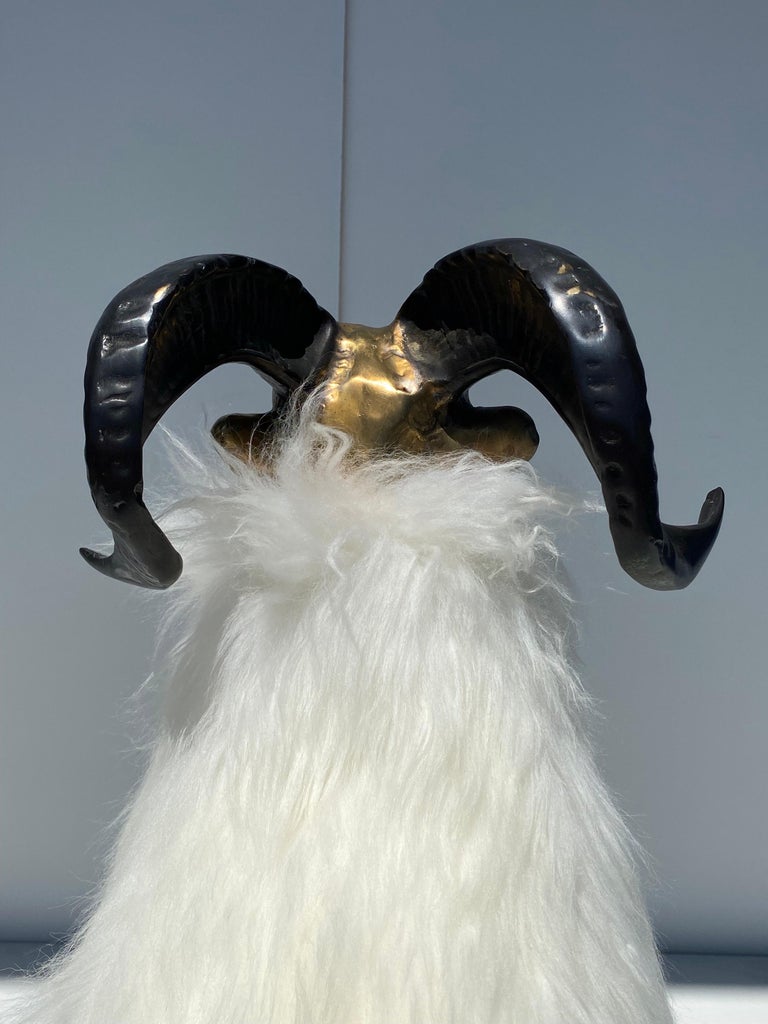Brass Sheep / Ram Sculpture in White Fur For Sale 8