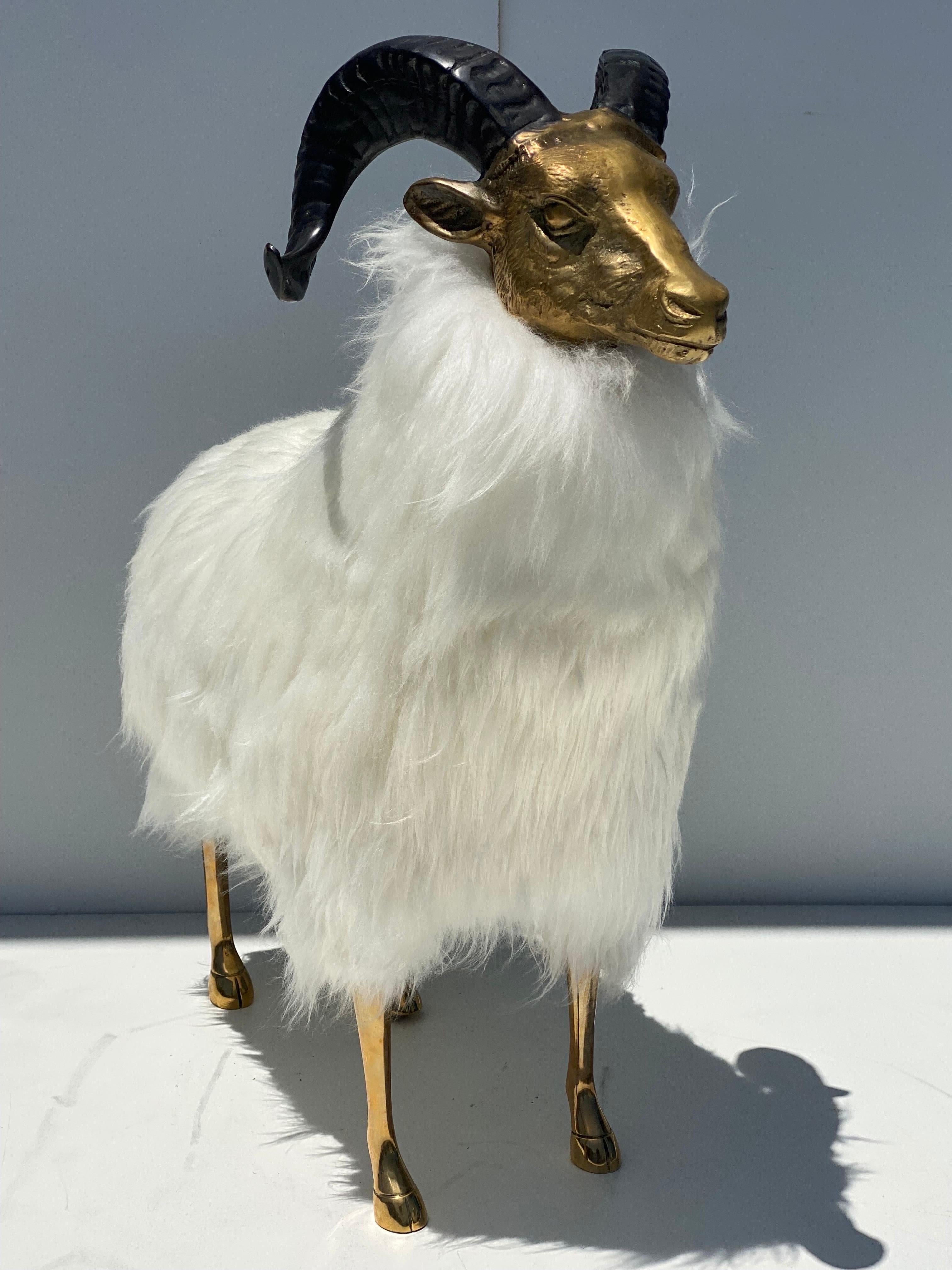Patinated two tone brass sheep / ram sculpture in white fur in natural sheep fur.