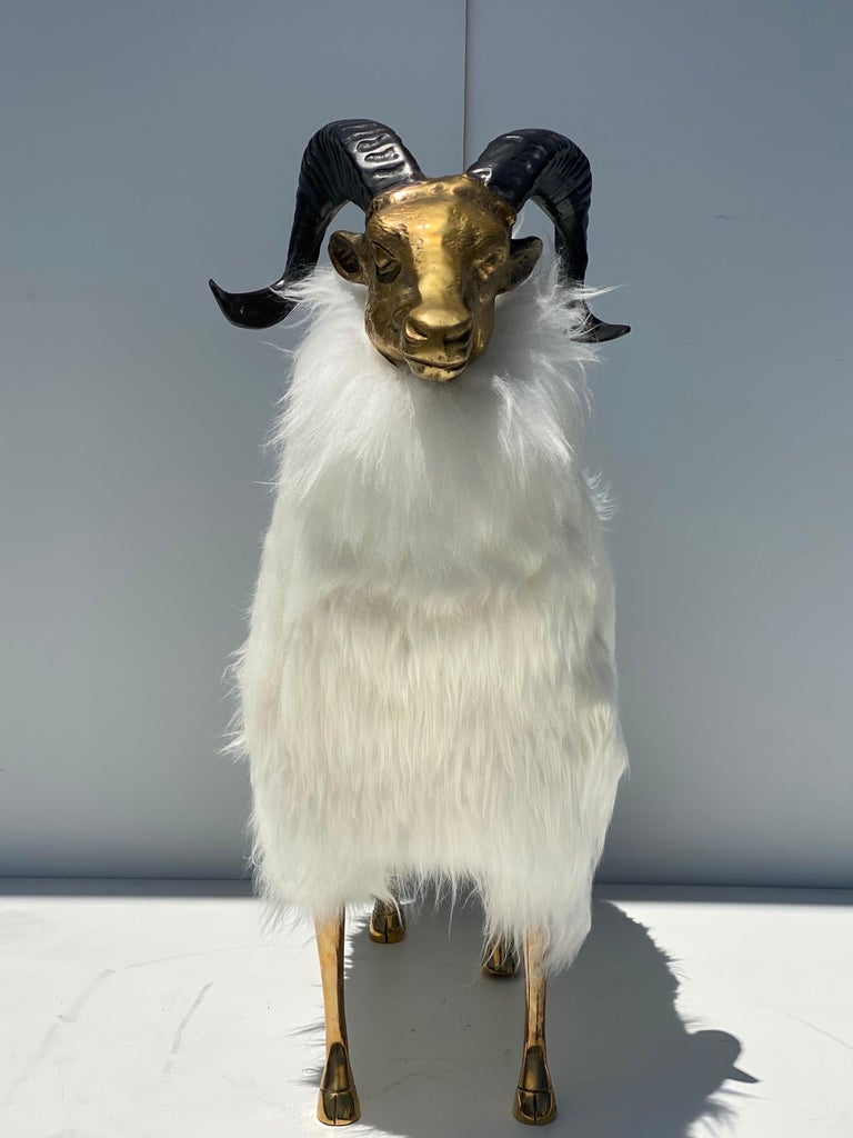 Hollywood Regency Brass Sheep / Ram Sculpture in White Fur For Sale