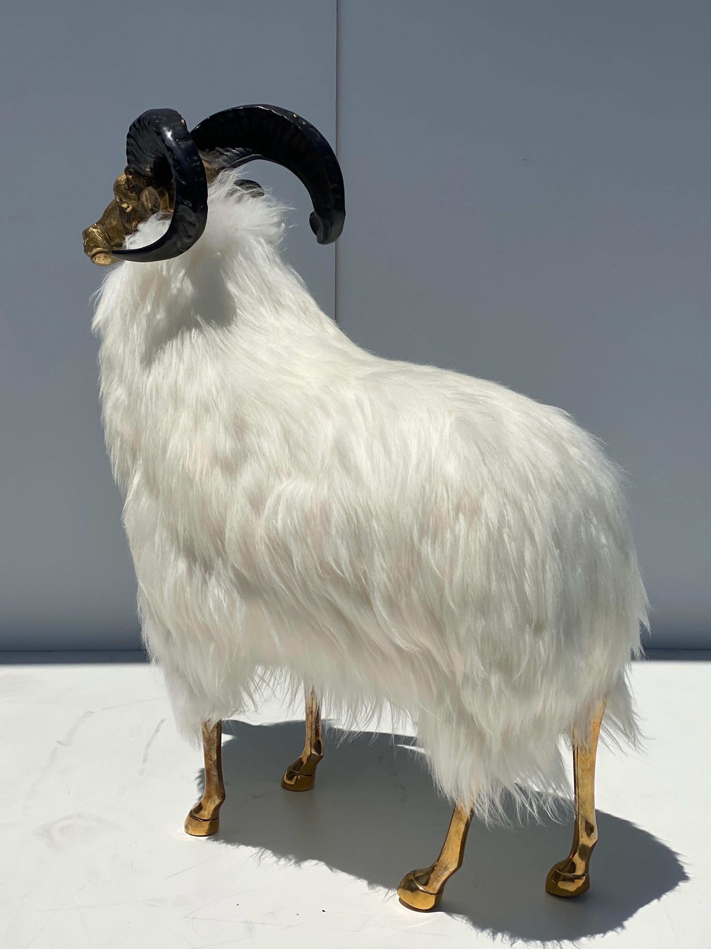 Hollywood Regency Brass Sheep / Ram Sculpture in White Fur  For Sale