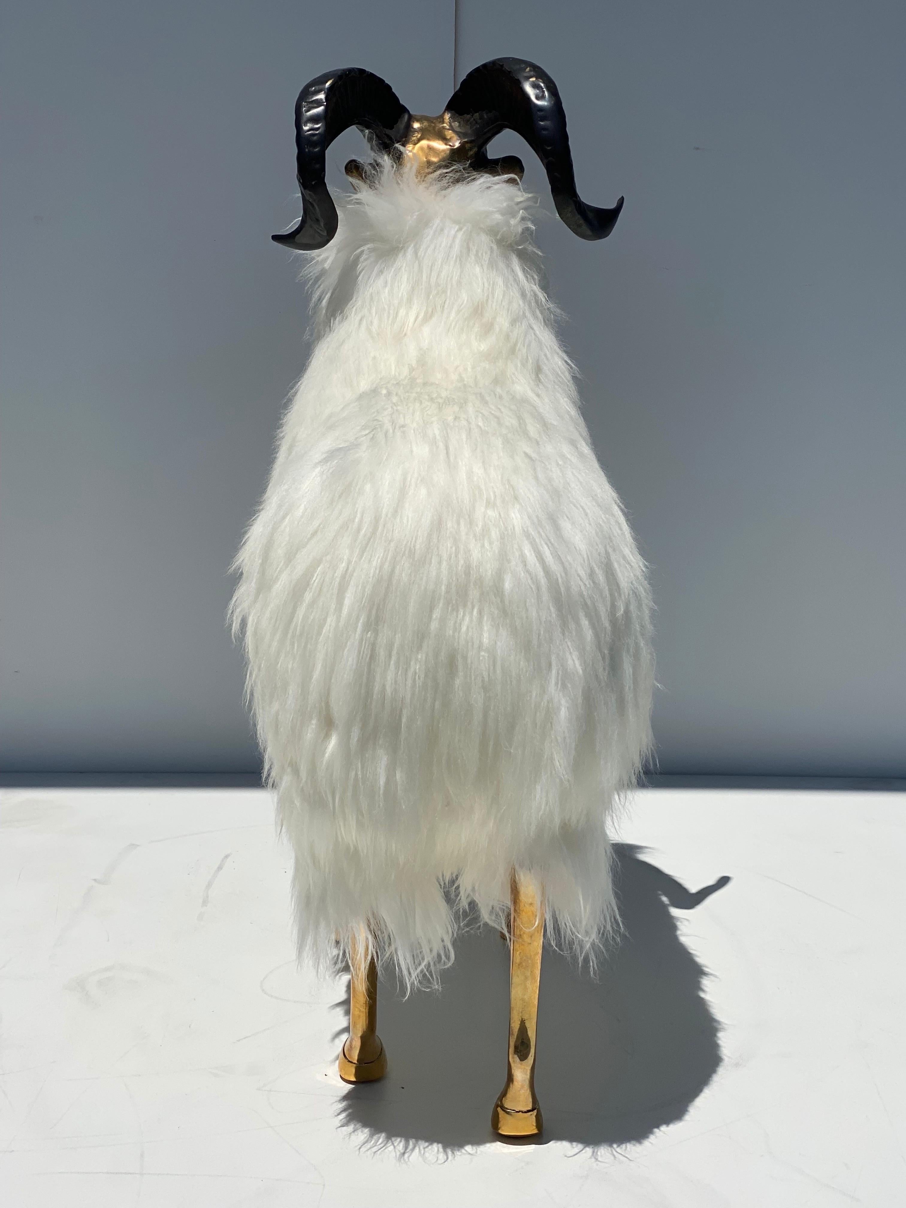American Brass Sheep / Ram Sculpture in White Fur  For Sale