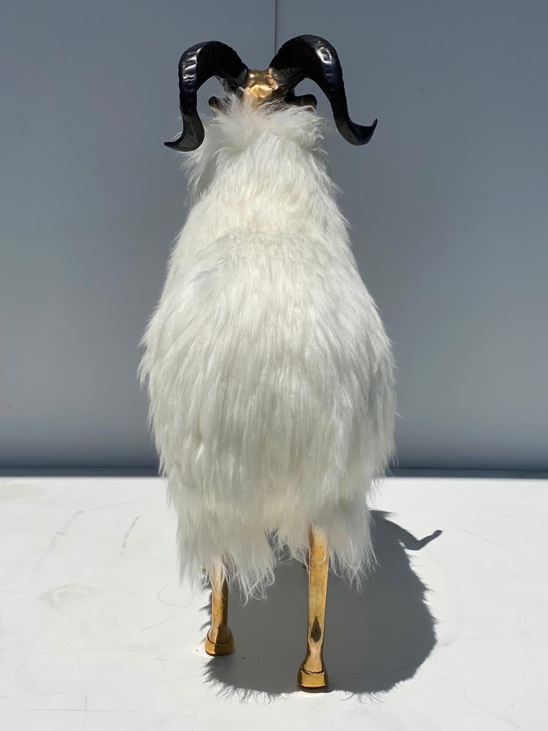 Late 20th Century Brass Sheep / Ram Sculpture in White Fur For Sale