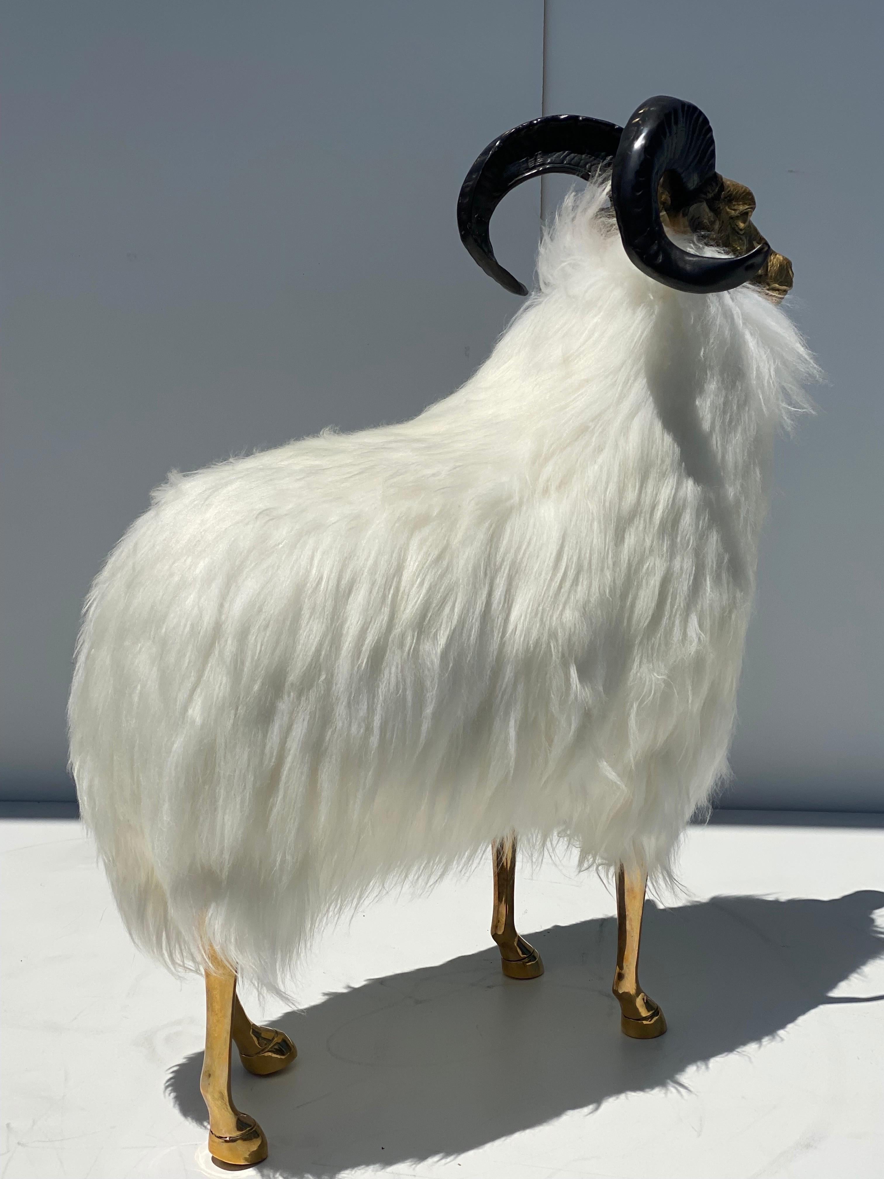 Patinated Brass Sheep / Ram Sculpture in White Fur  For Sale