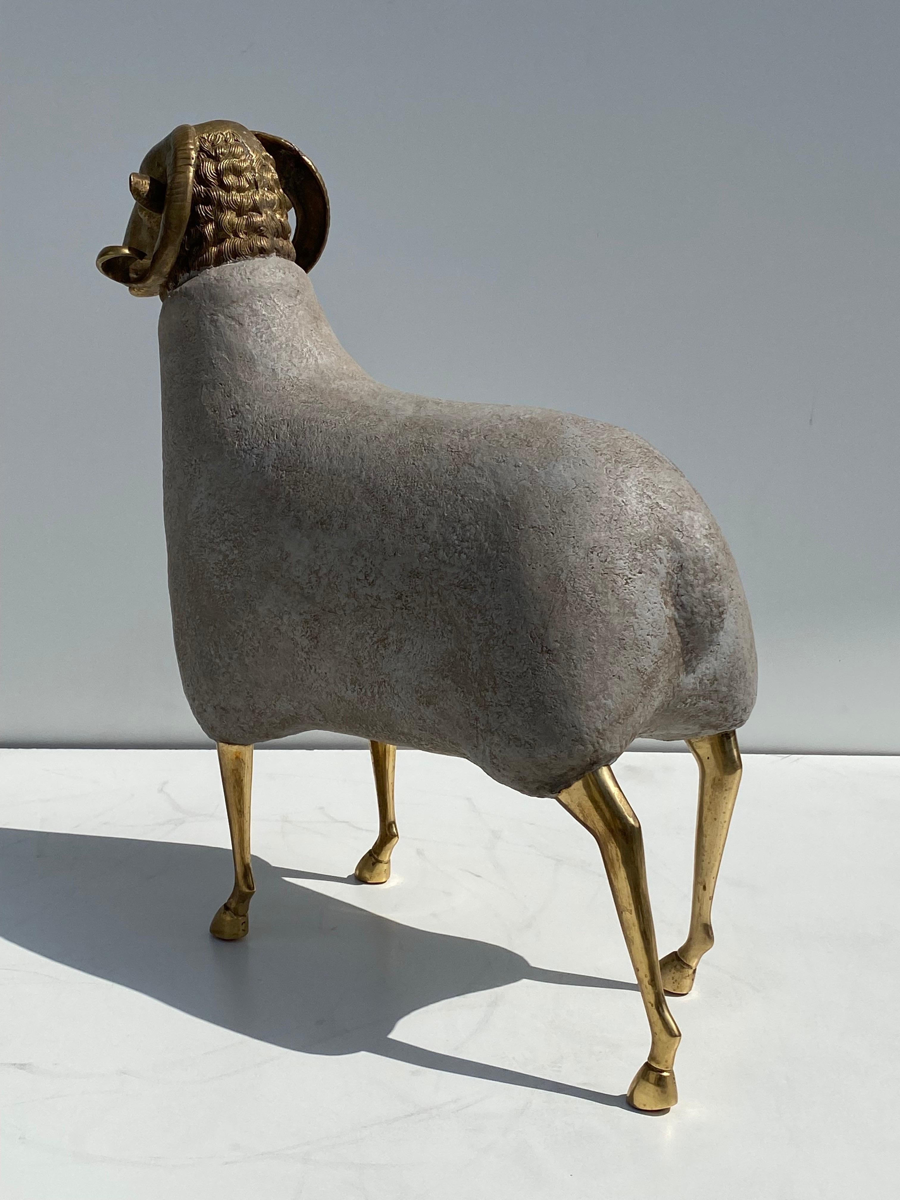 Hollywood Regency Brass Sheep Sculpture in Faux Concrete For Sale