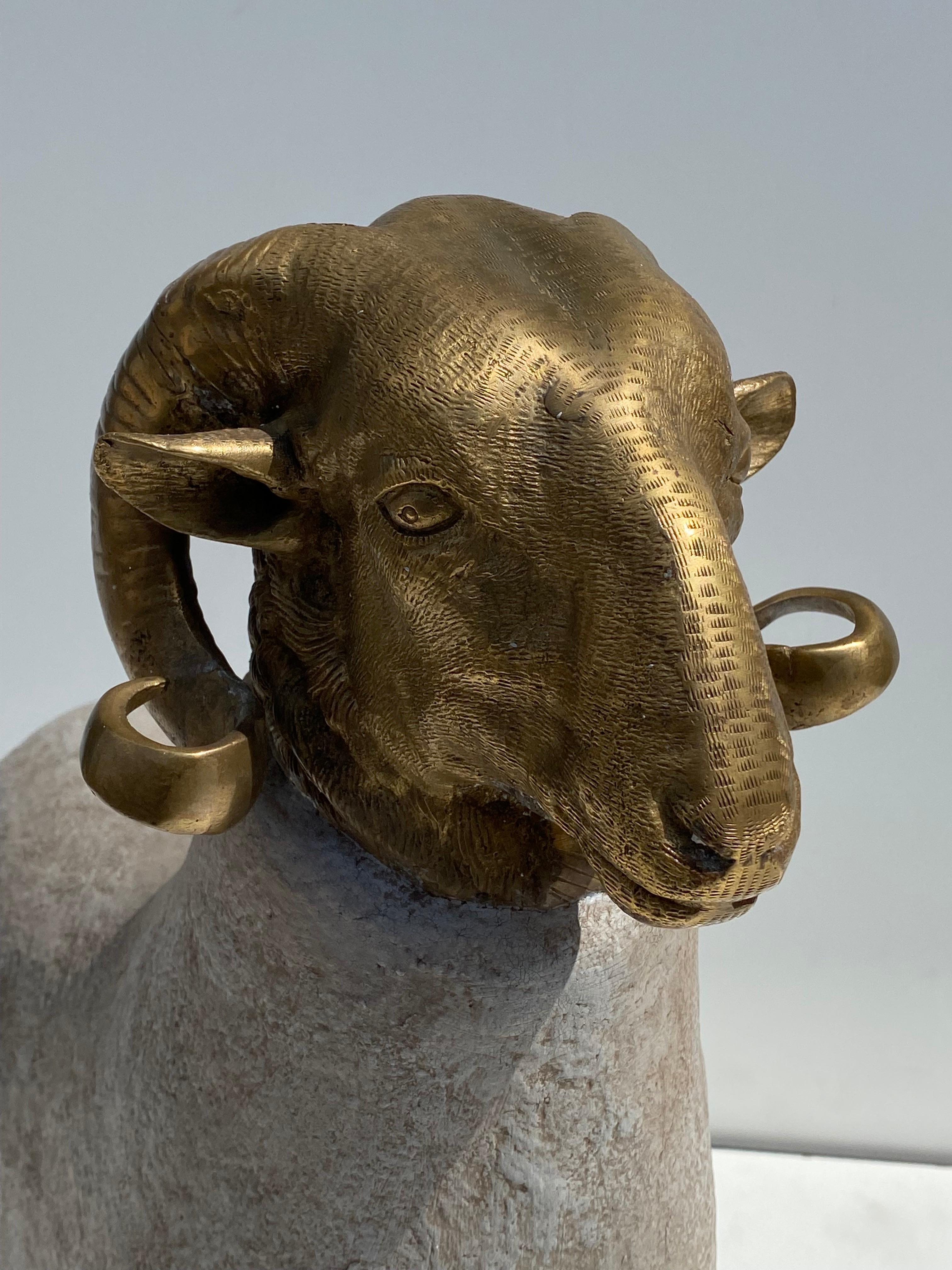 Brass Sheep Sculpture in Faux Concrete In Good Condition For Sale In North Hollywood, CA