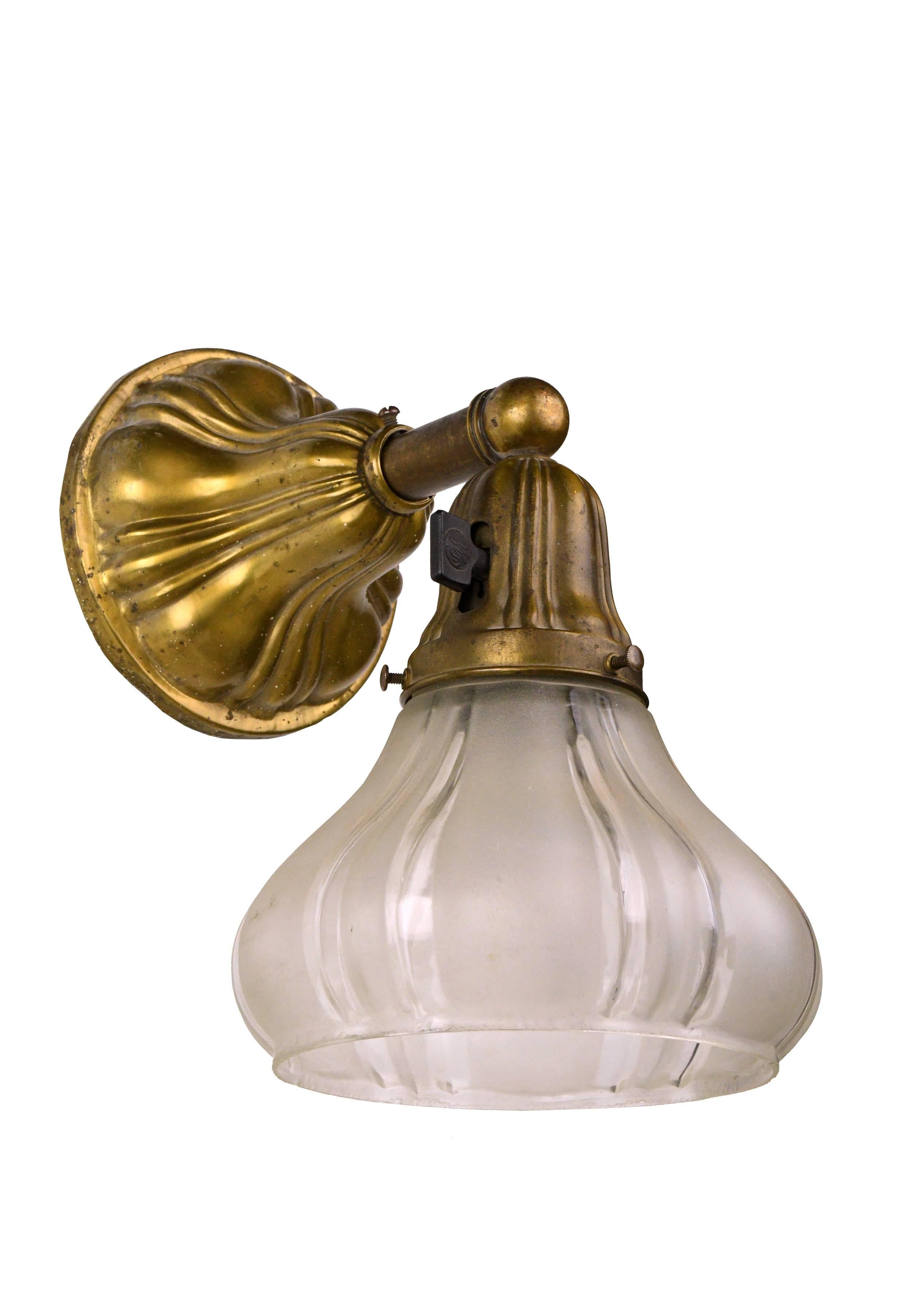 Brass Sheffield Sconce with Ribbed Shade In Excellent Condition In Minneapolis, MN