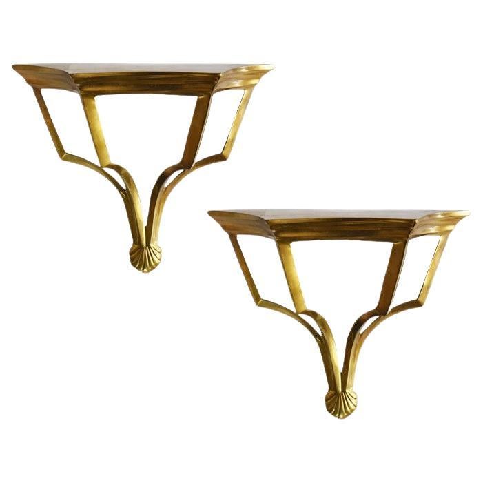 Brass Shell Motif Hanging Wall Shelves, Set of 2 India For Sale