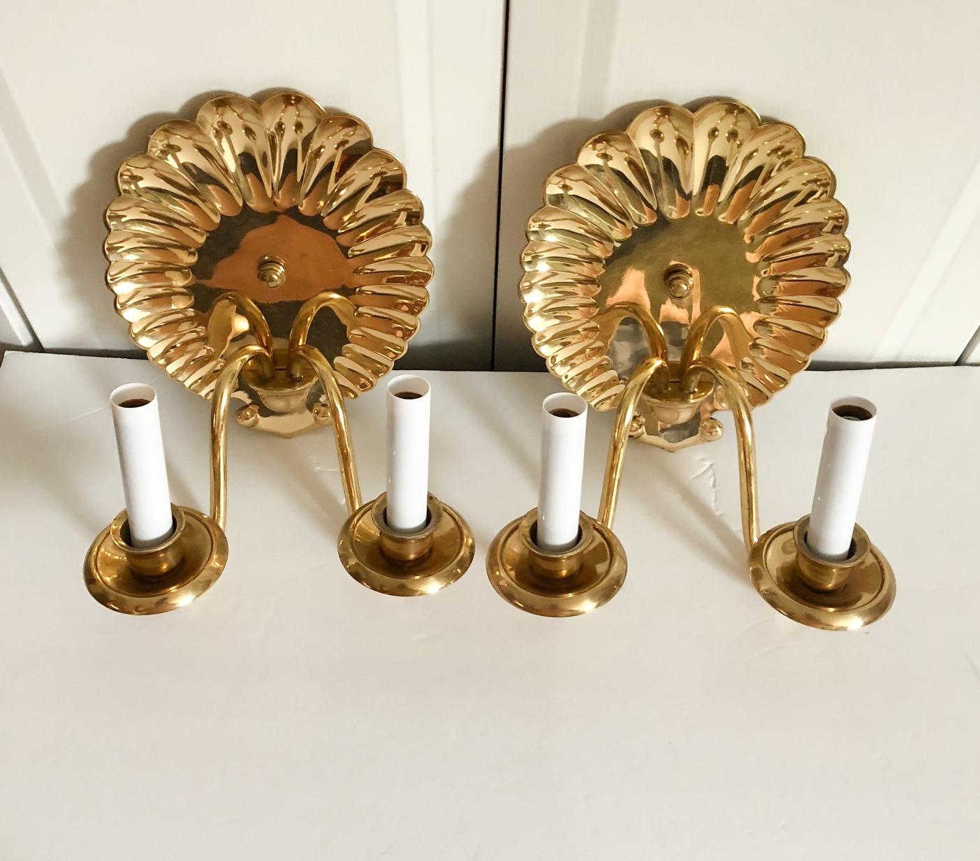 American Classical Brass Shell Wall Sconces, Pair For Sale