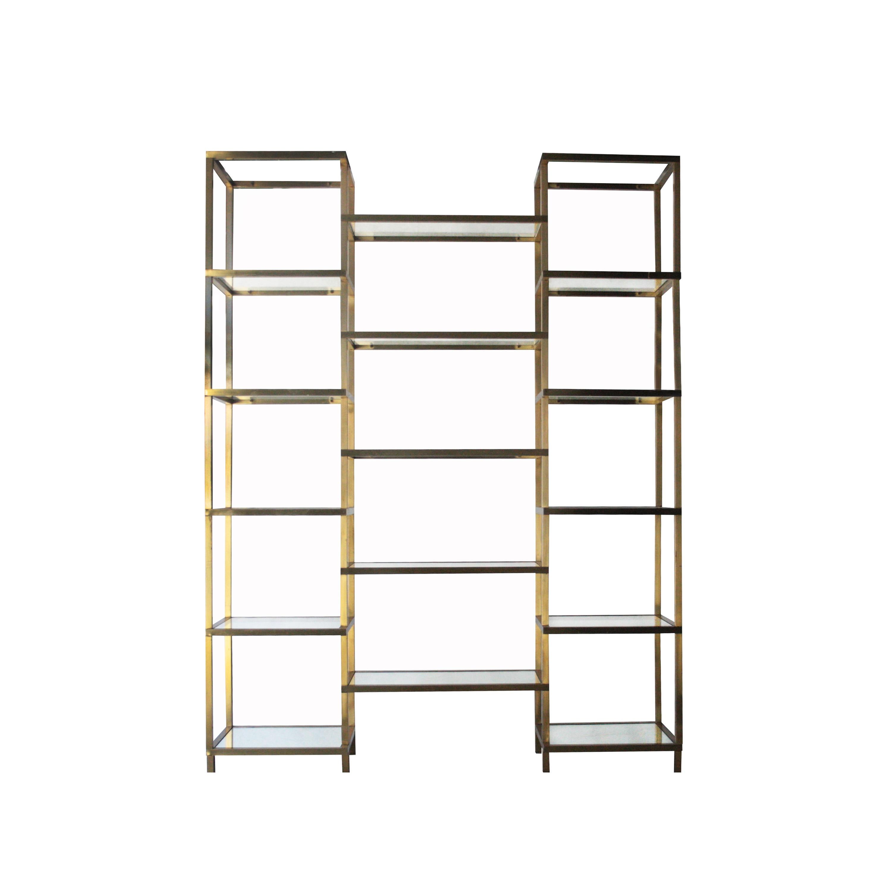 Golden metal shelf, with glass shelves and mirror.