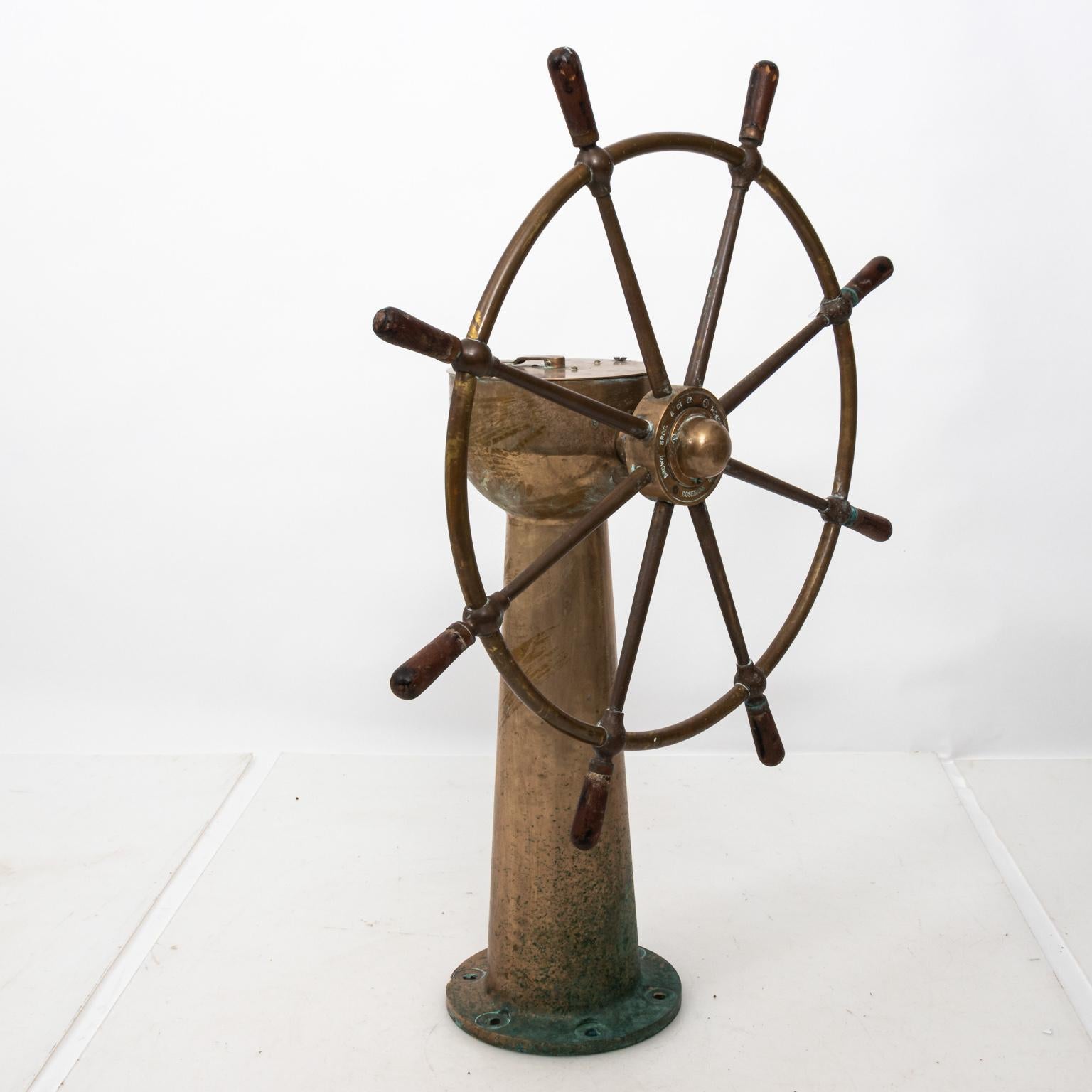 Vintage Brown's and Company brass ship wheel with helm. Please note of wear consistent with age including oxidation.