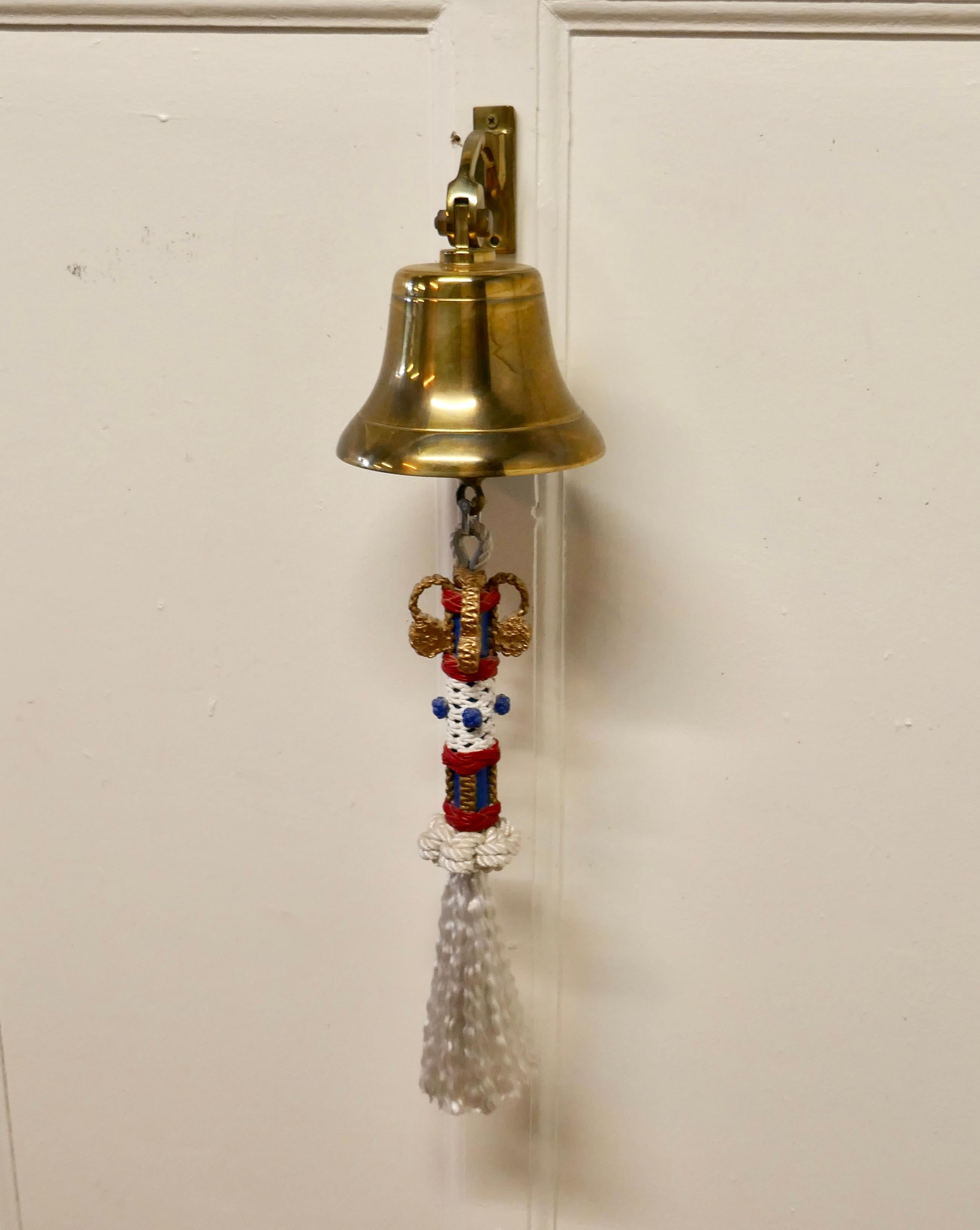 Brass Ships Bell with Royal Naval Bell Rope In Good Condition In Chillerton, Isle of Wight