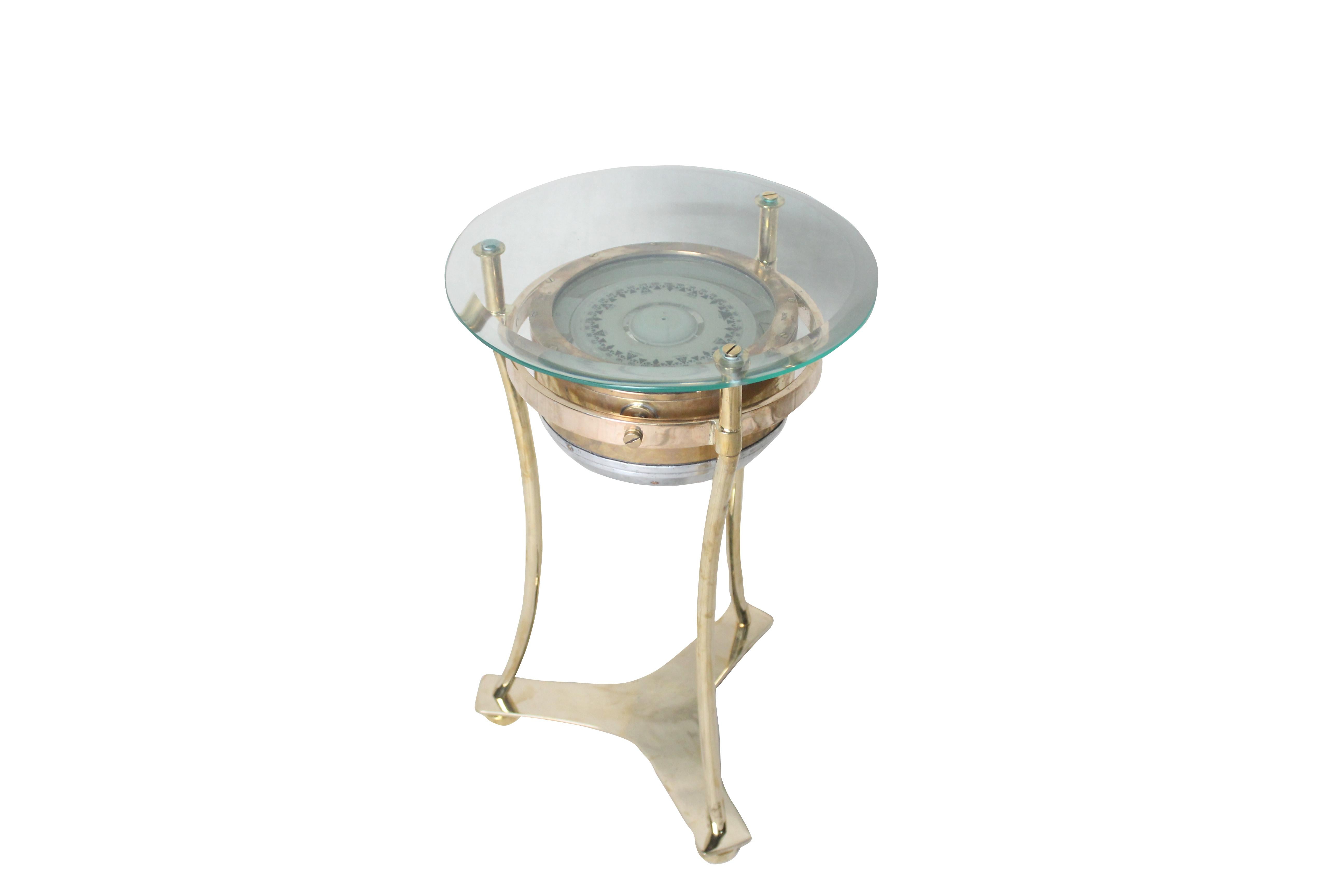 Brass Ship's Compass Converted to Side Table, Designer Deborah Lockhart Phillips In Good Condition For Sale In Nantucket, MA