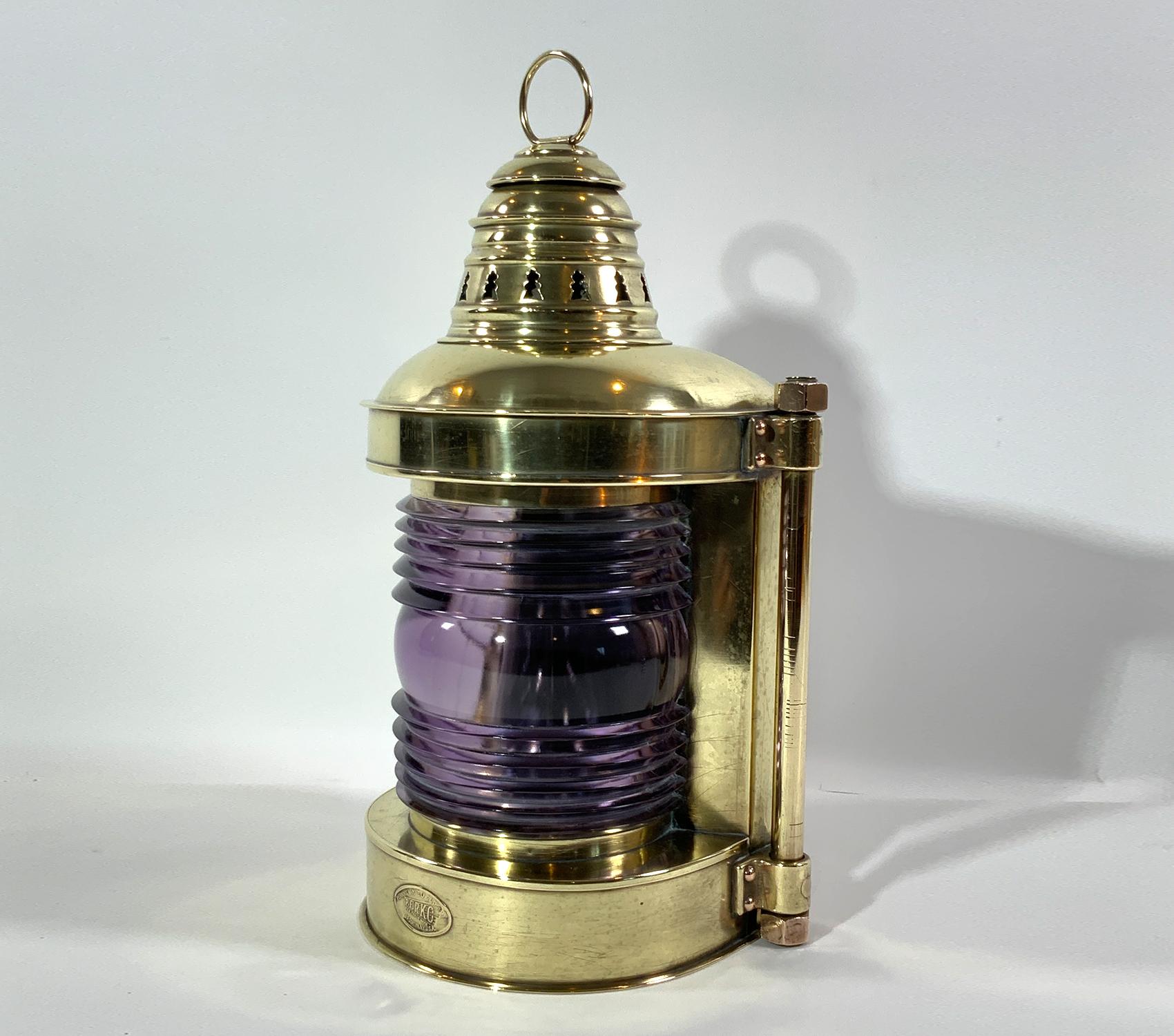 Brass Ships Masthead Lantern with Lavender Lens In Good Condition For Sale In Norwell, MA