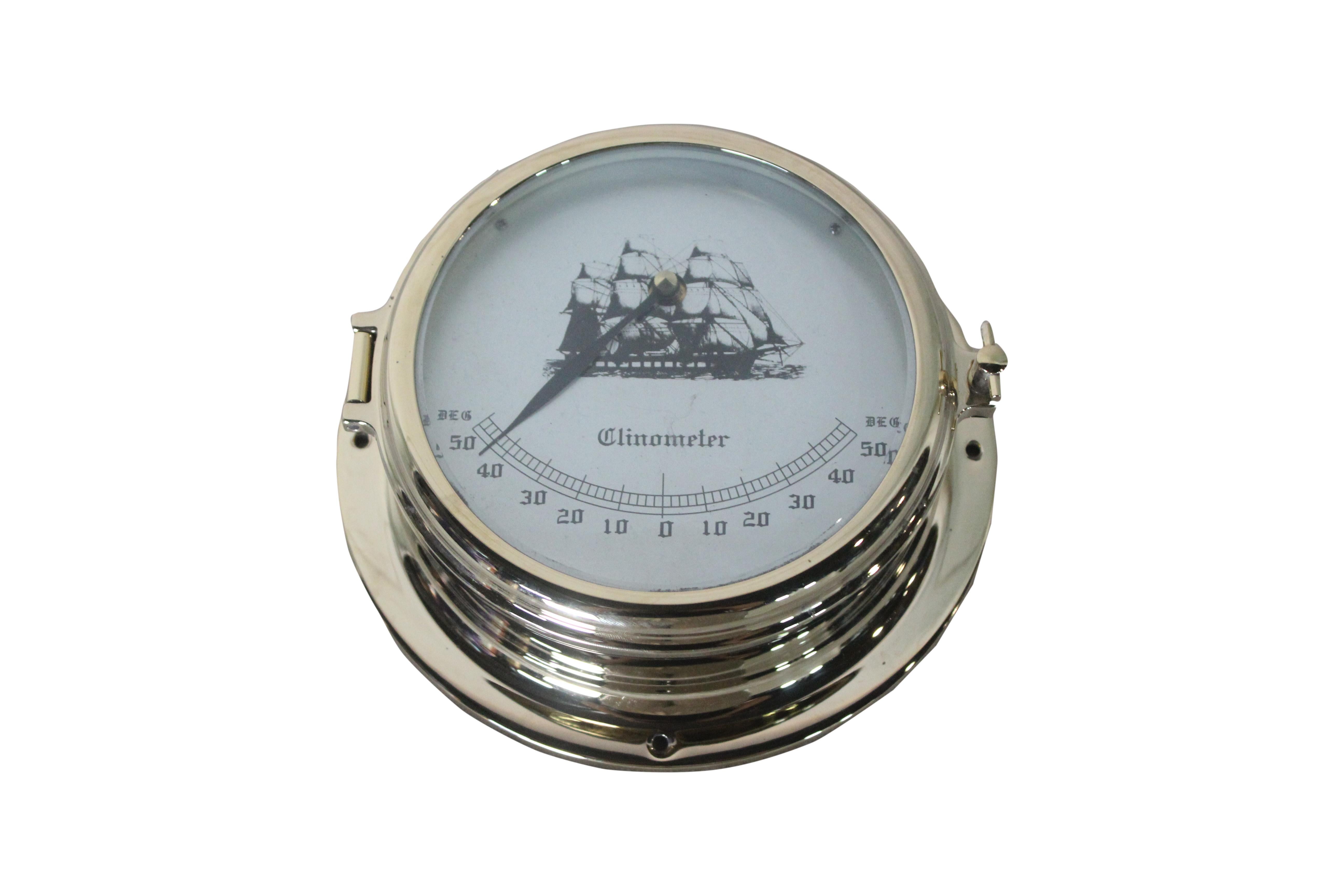 A brass Italian clinometer used on vessels to measure the degree of healing. In larger ship's, it would be used to balance cargo so that the ballast is even. By C.A.I.M, Genova. In working order. This one has a nice graphic of a clipper ship.