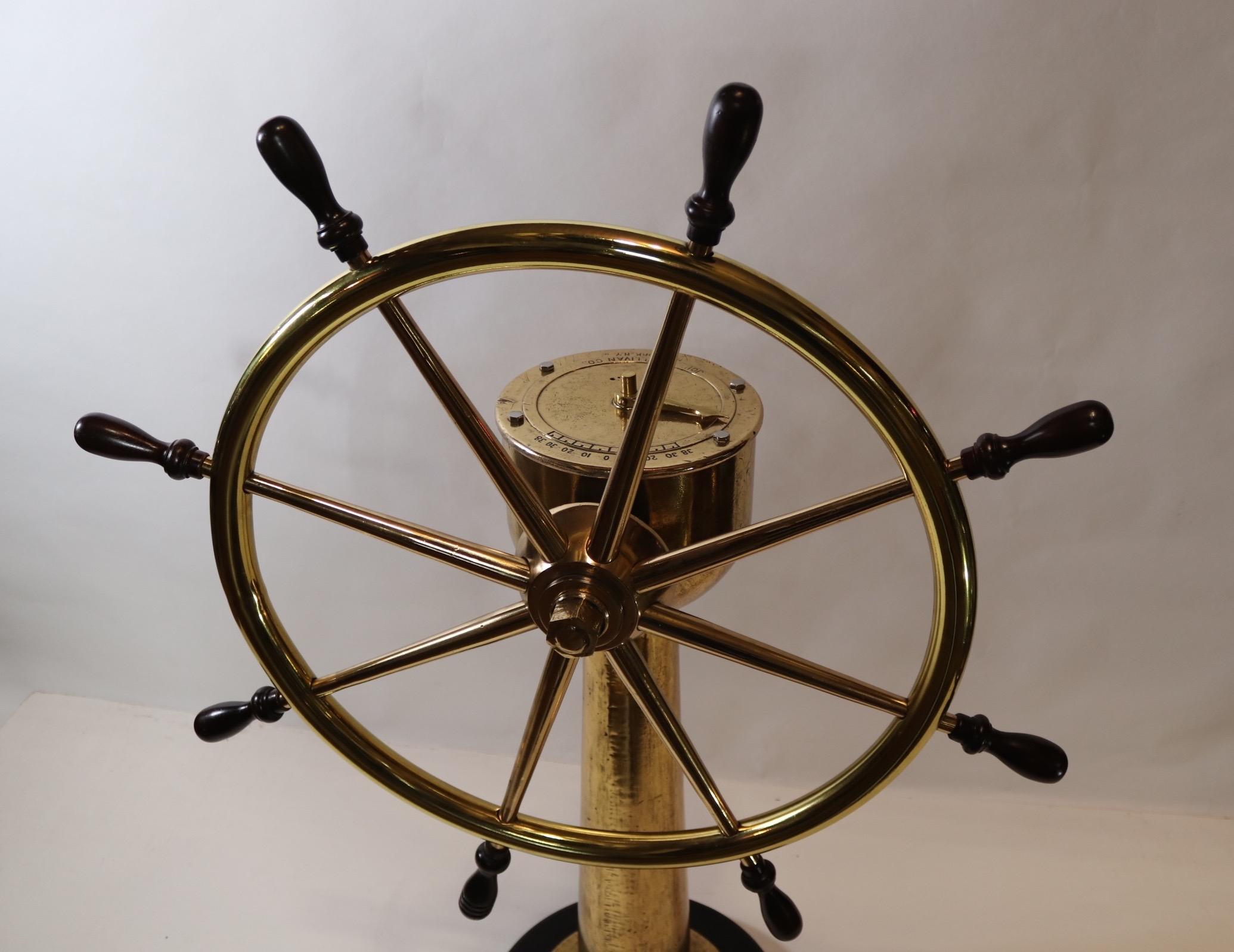 Brass Ships Wheel on Pedestal In Good Condition In Norwell, MA