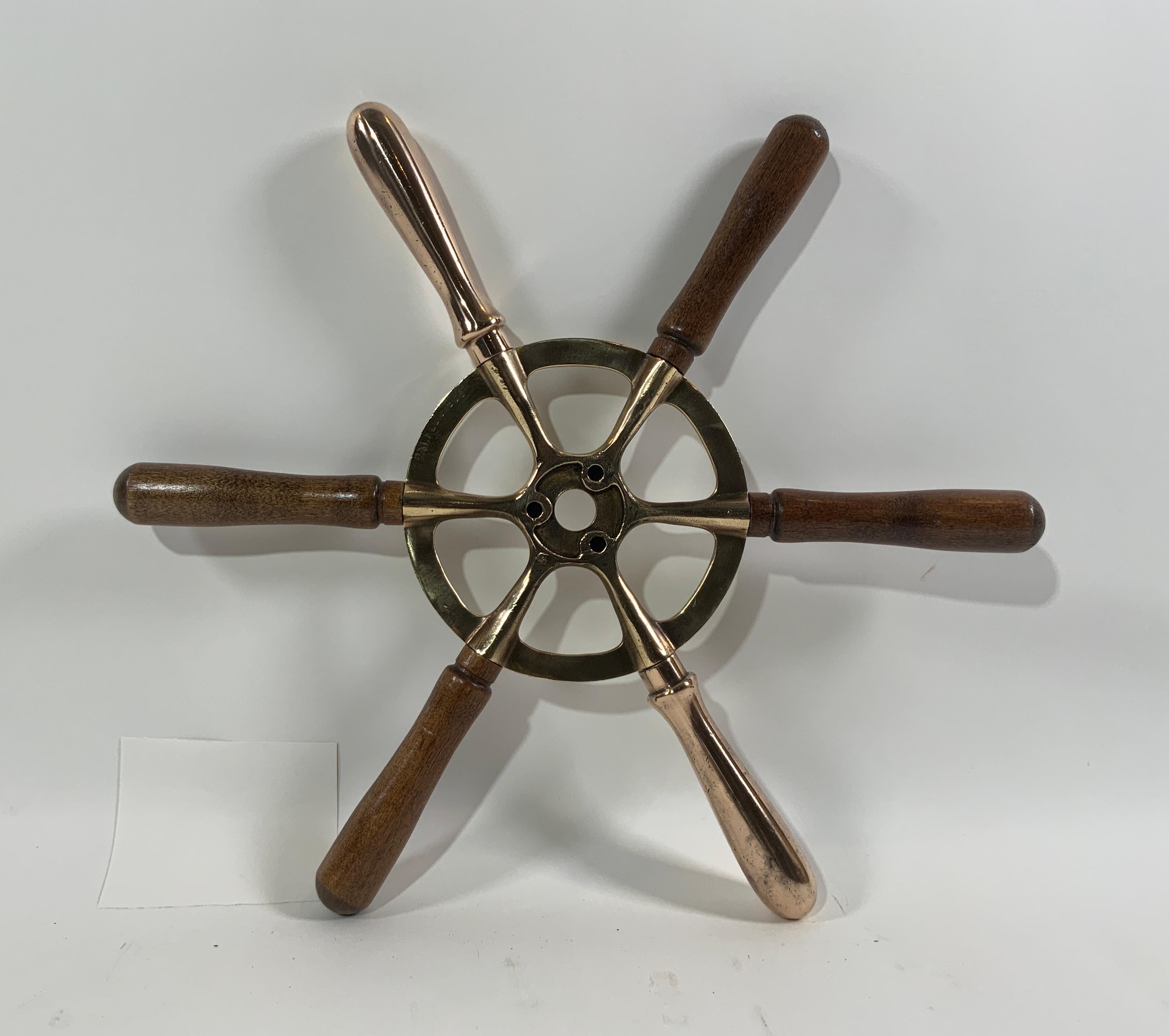 North American Brass Ships Wheel with Wood Handles For Sale