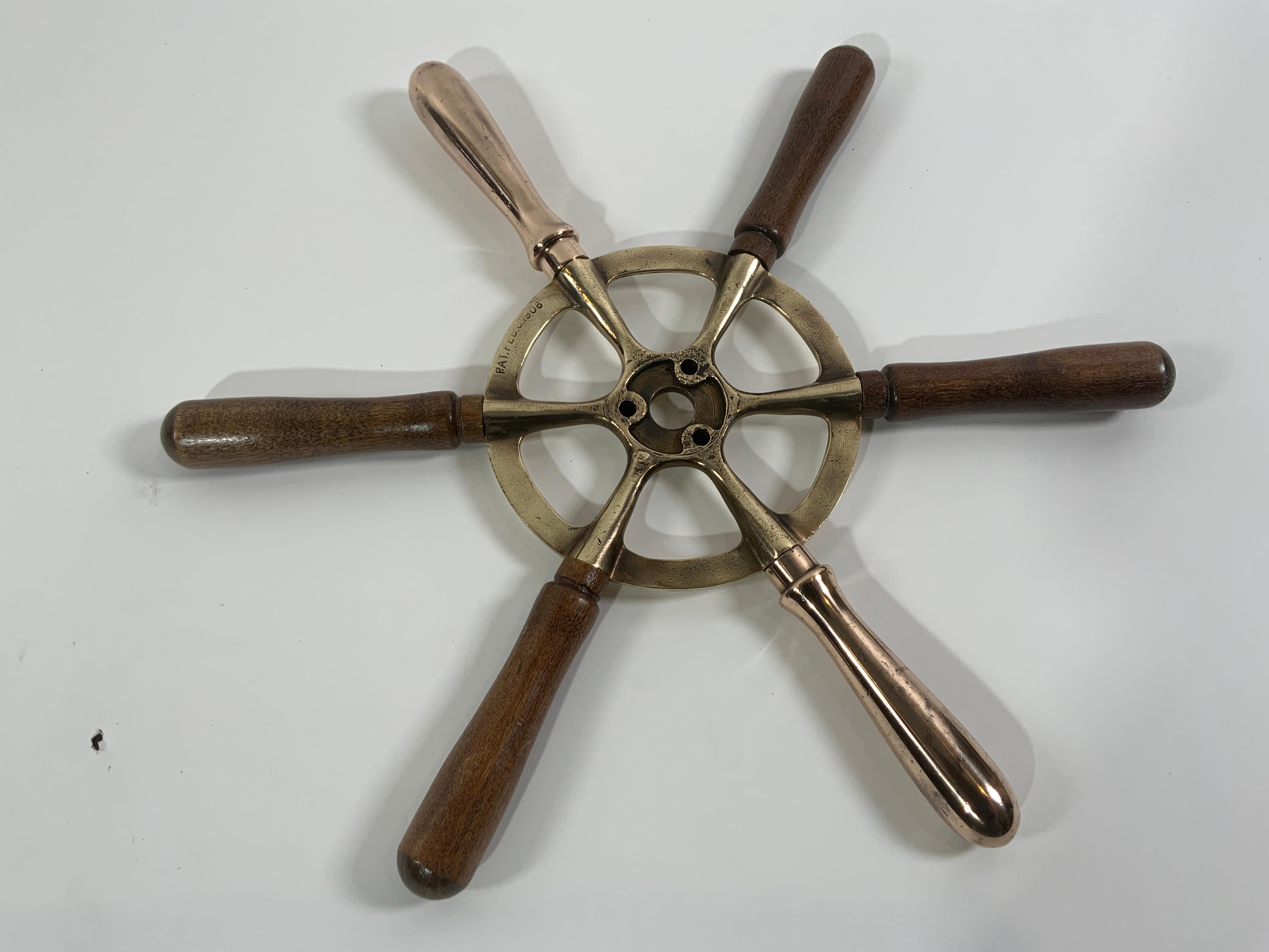 Early 20th Century Brass Ships Wheel with Wood Handles For Sale