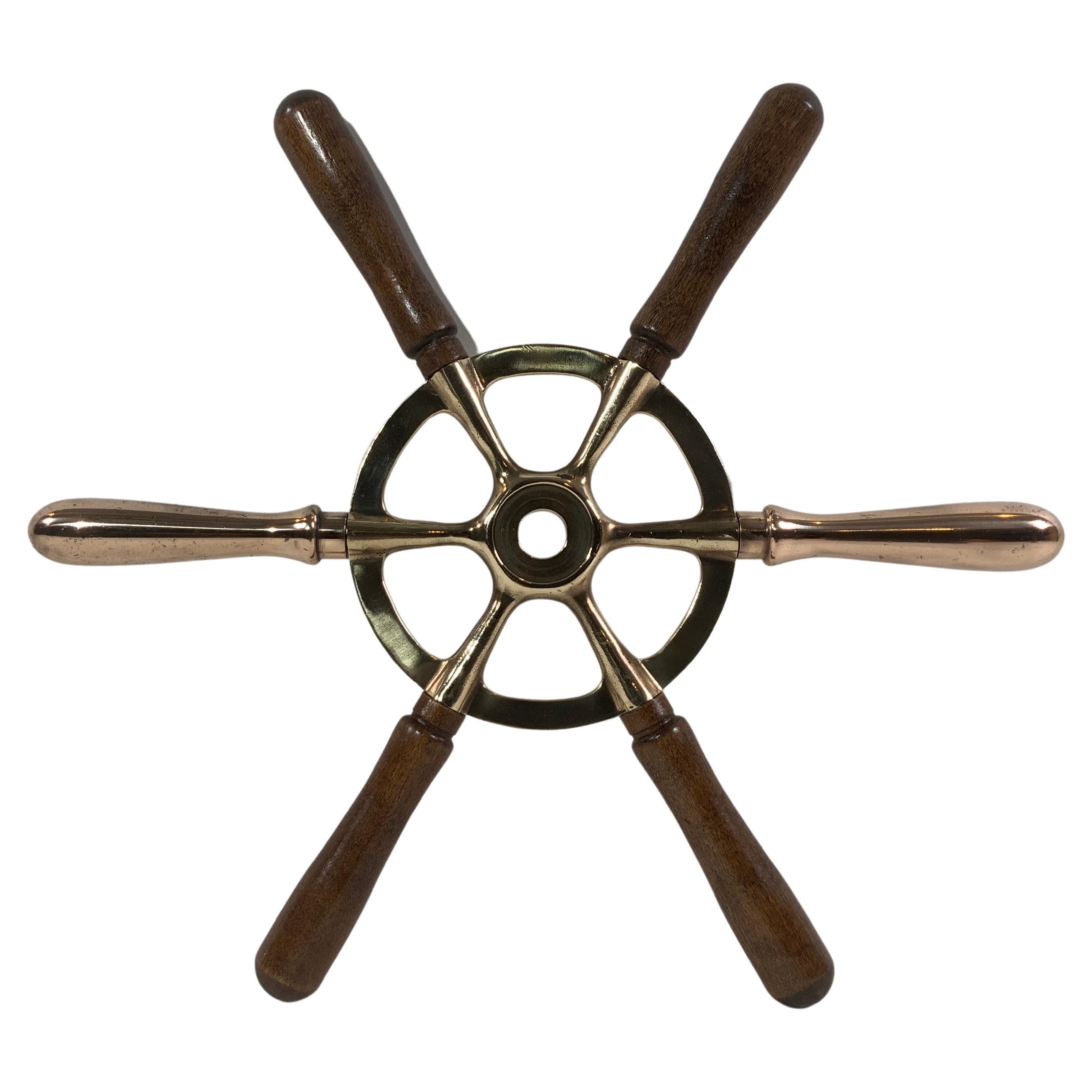 Brass Ships Wheel with Wood Handles For Sale