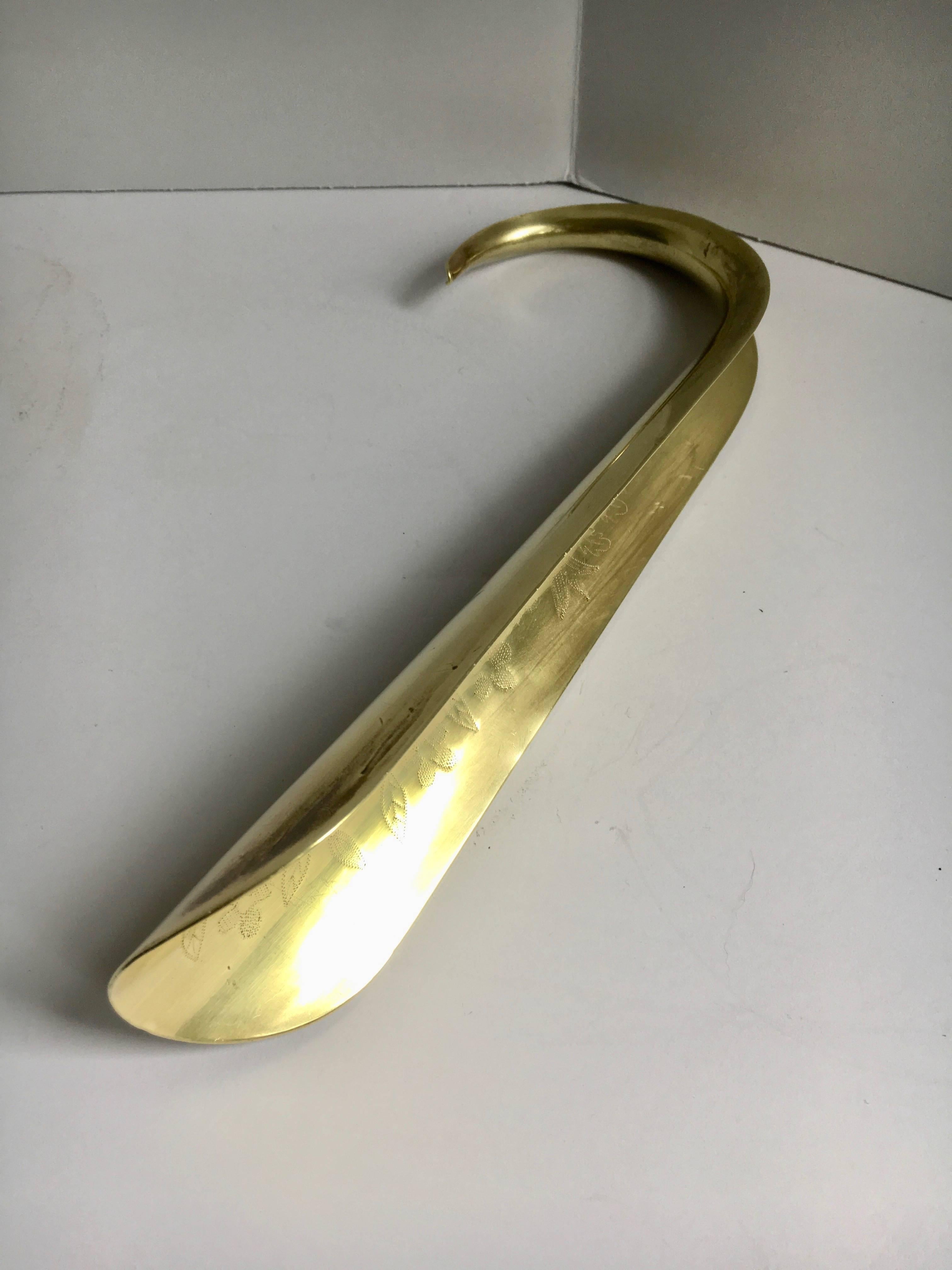 Mid-Century Modern Brass Shoe Horn with Hand Applied Motif