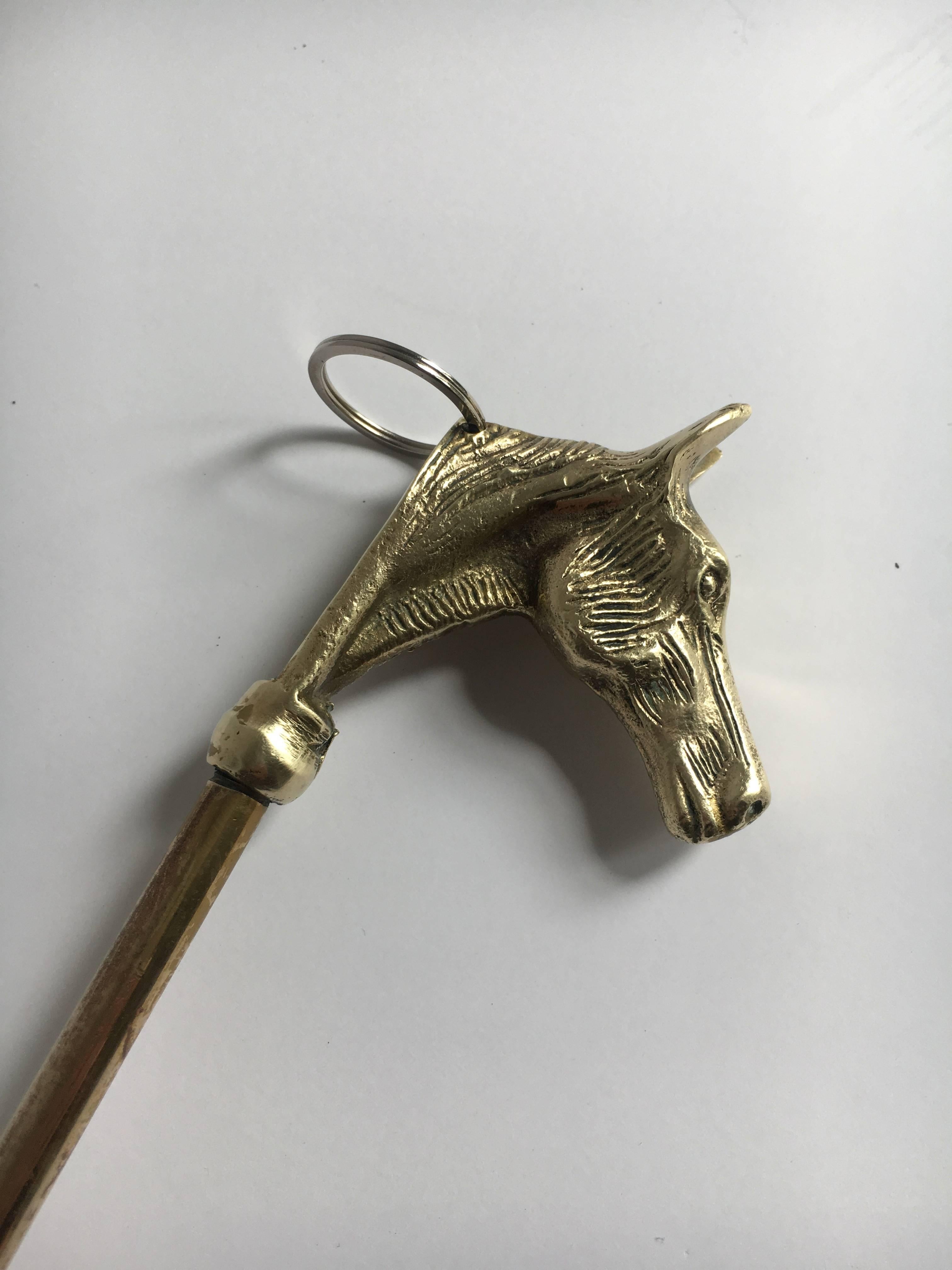 Brass Shoe Horn with Horse Final Hook - A handsome Shoe horn for the mens dressing room - large enough for the toughest of boots!