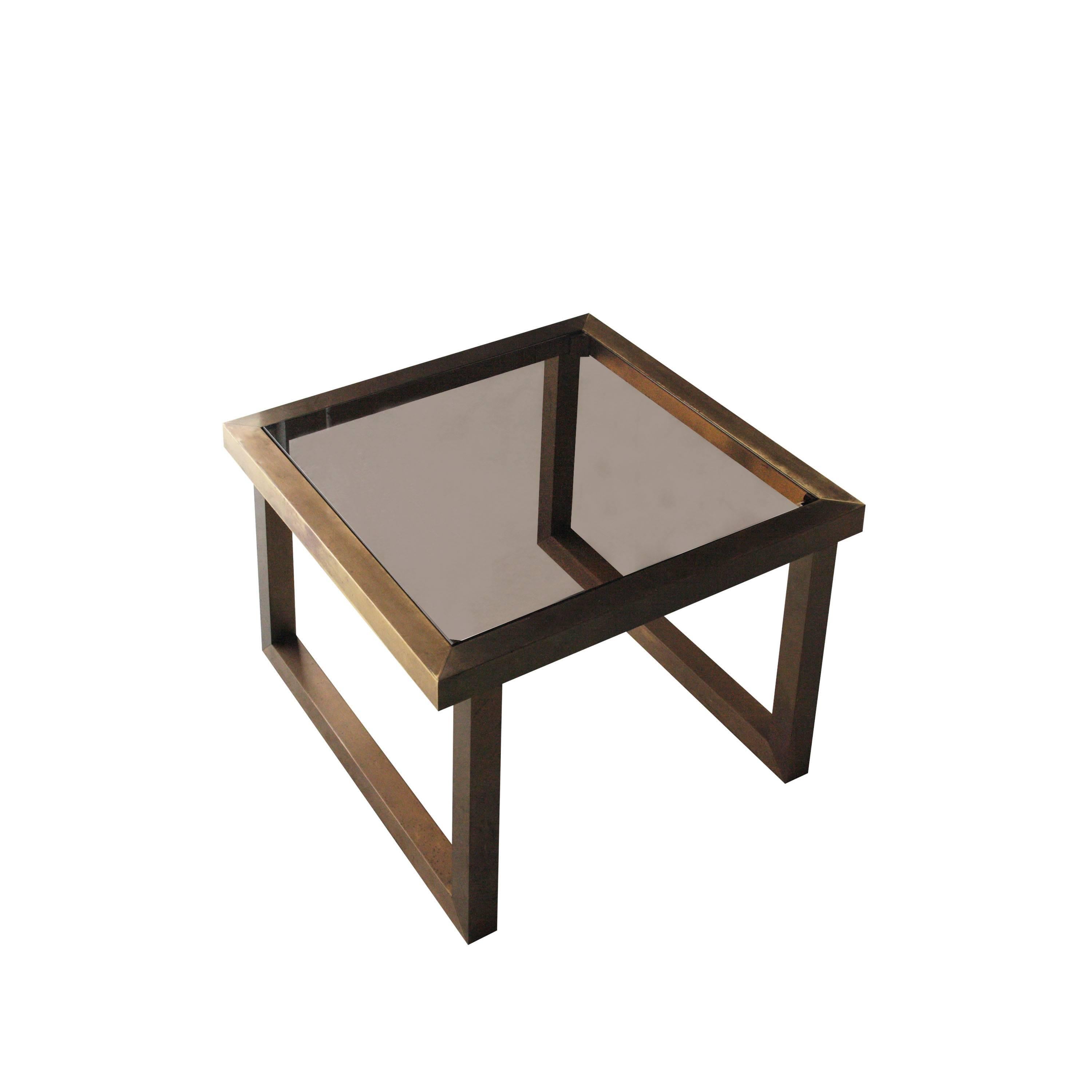 Midcentury Modern Square Brass Glass Gold Italian Side Table. Italy, 1960 In Good Condition In Madrid, ES