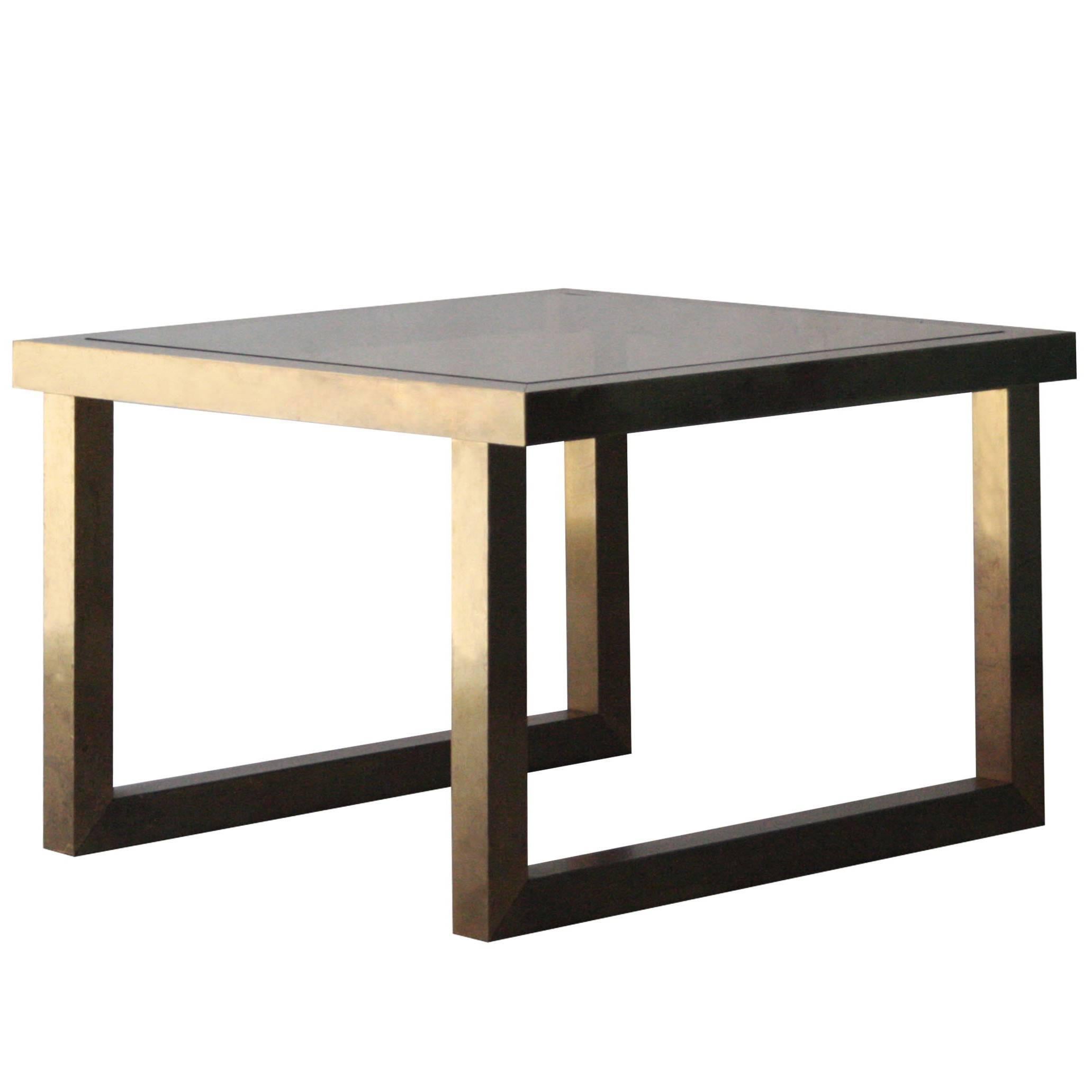 Midcentury Modern Square Brass Glass Gold Italian Side Table. Italy, 1960