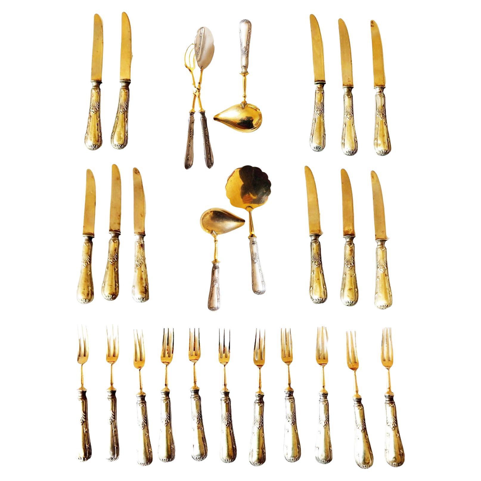 Brass Silver Dessert Serving Pieces, Forks Dessert Knives Early 20th Art Deco