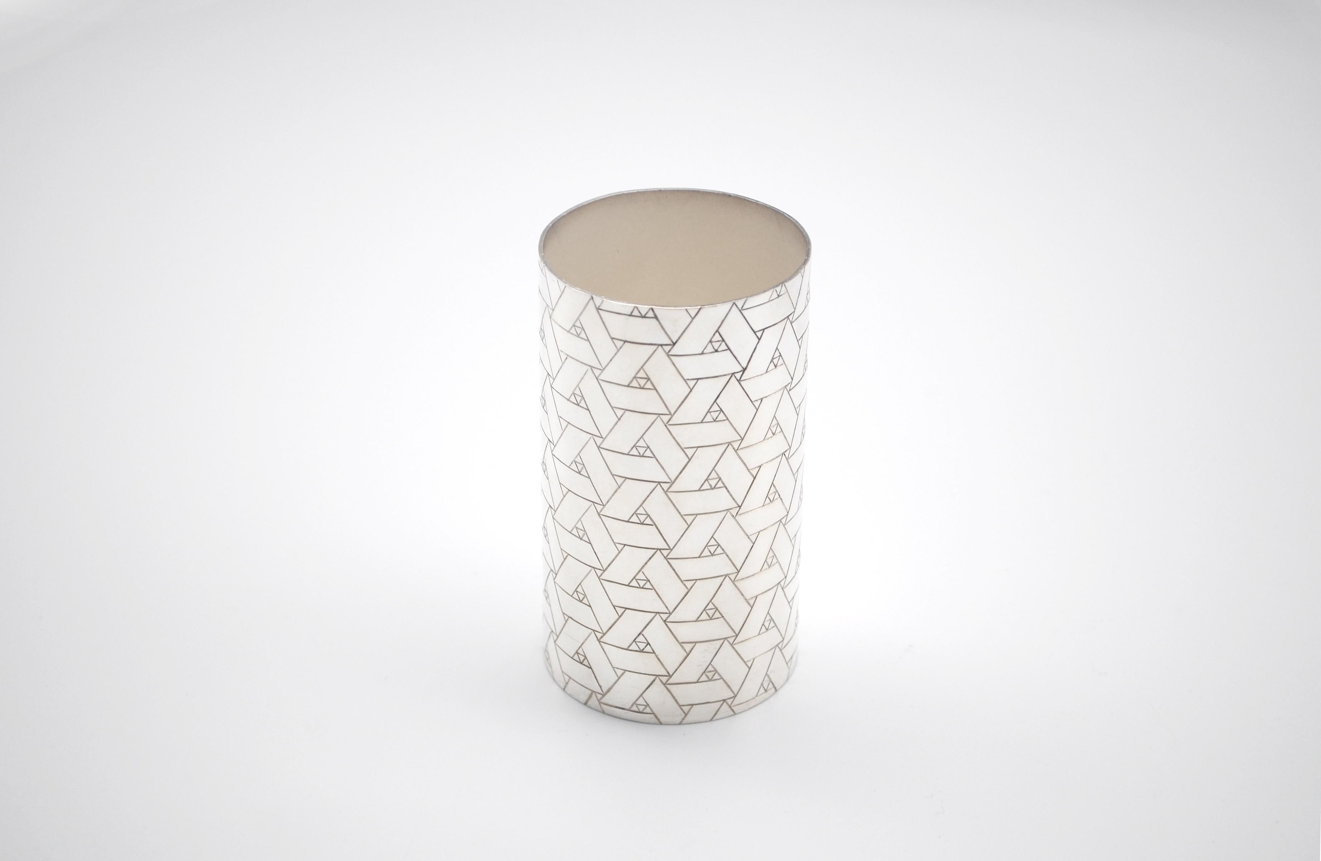 French Brass silver-plated chiseled Pencil Holder, Hommage Collection, Weaving Pattern For Sale
