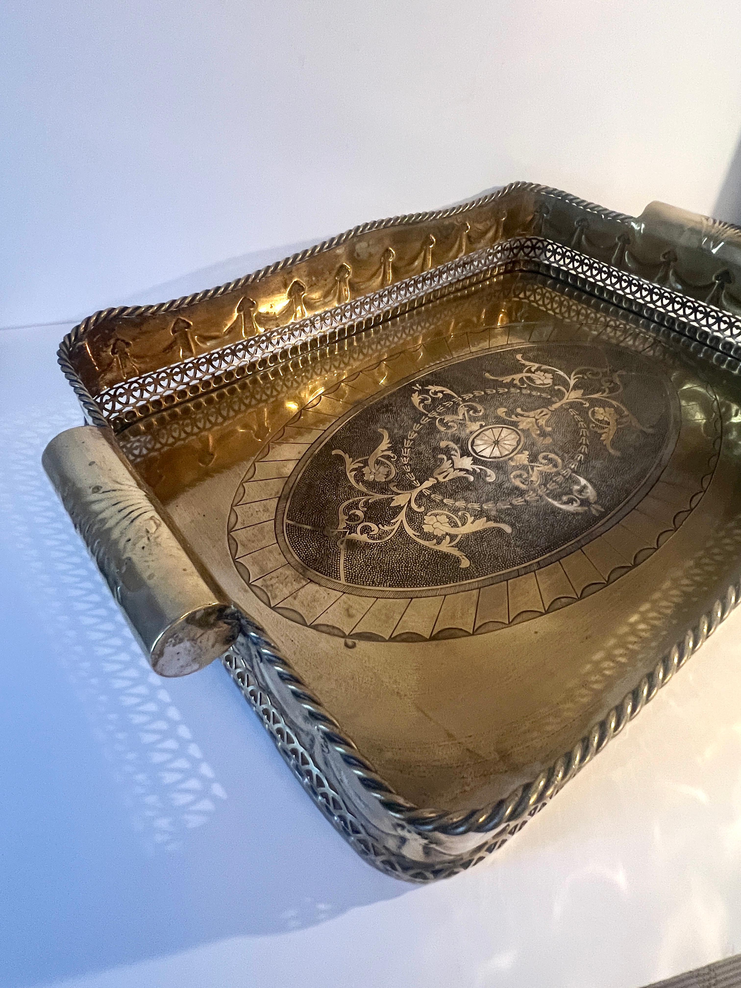 Brass Silverplate Tray Pierced Decorative  Gallery and Large Cylindrical Handl For Sale 3