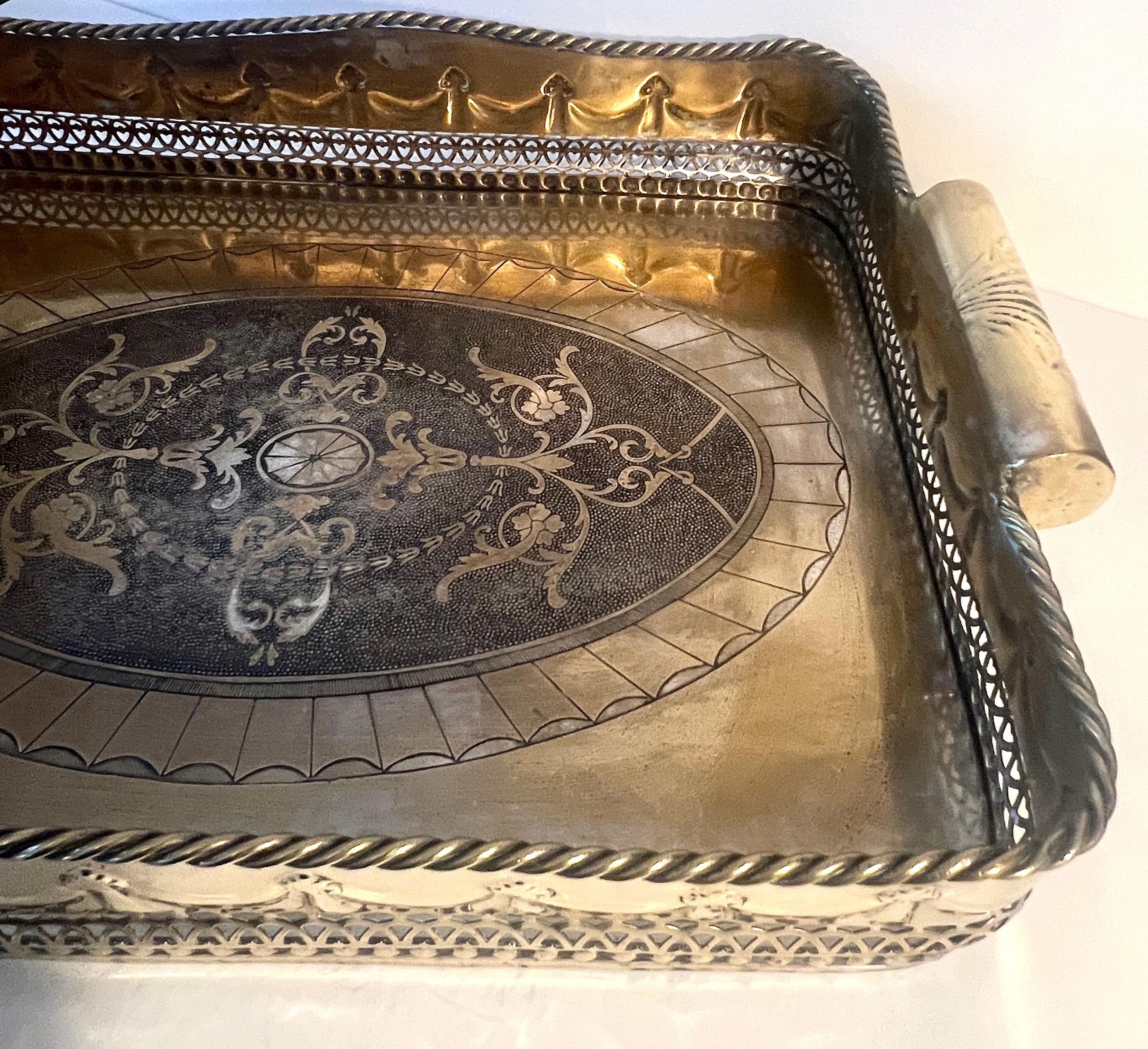 Brass Silverplate Tray Pierced Decorative  Gallery and Large Cylindrical Handl For Sale 4