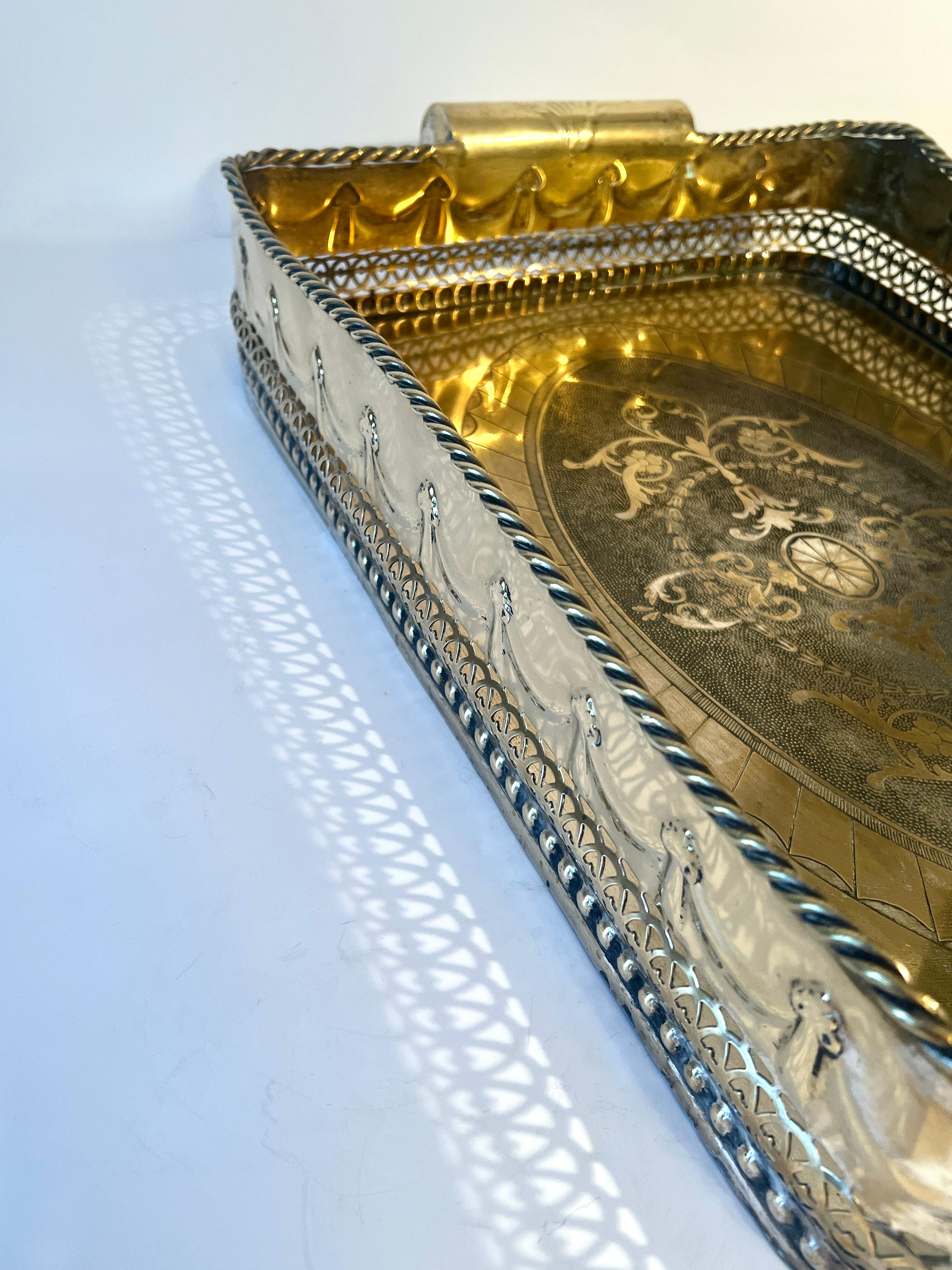 Brass Silverplate Tray Pierced Decorative  Gallery and Large Cylindrical Handl For Sale 6