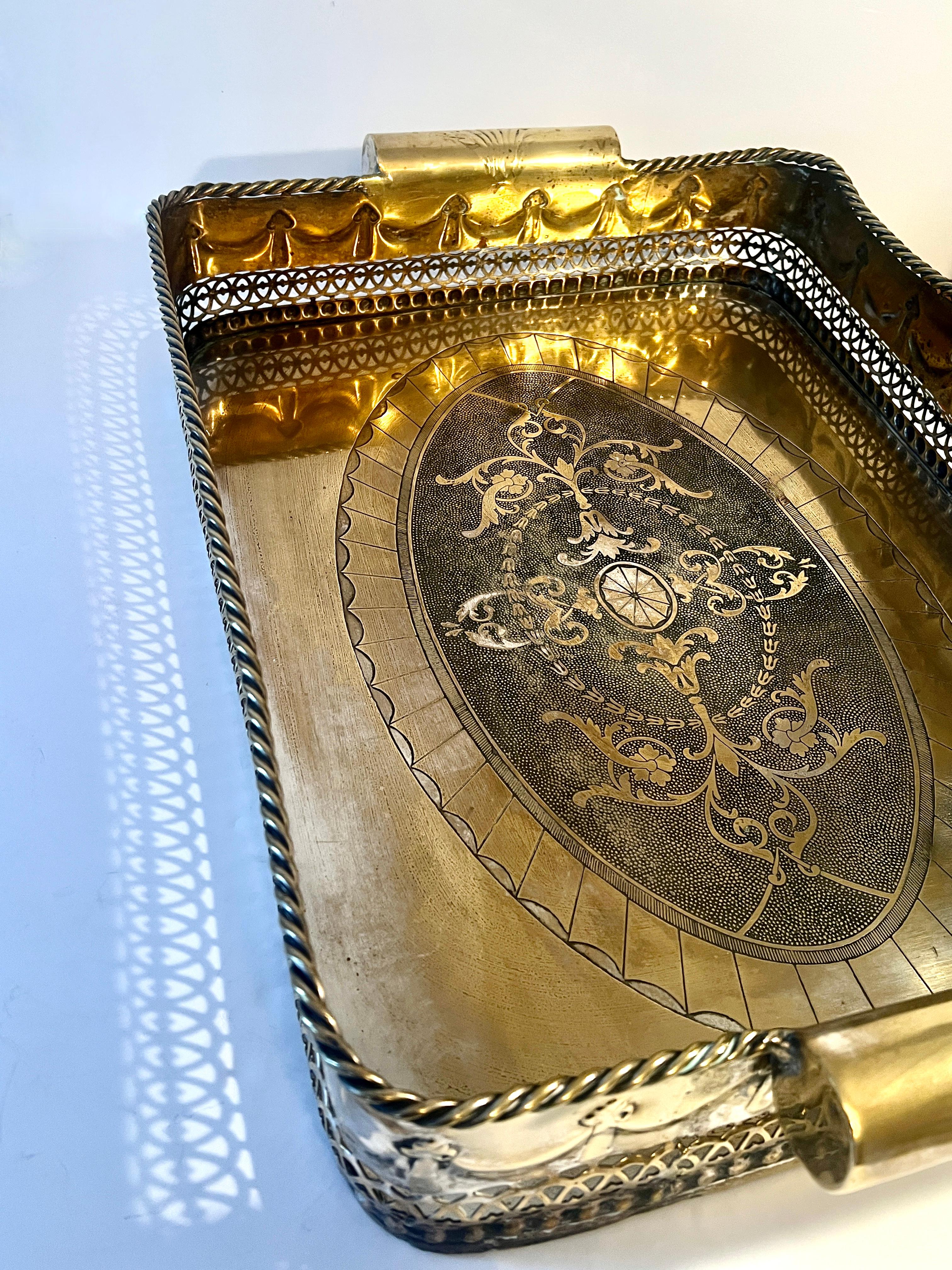 Brass Silverplate Tray Pierced Decorative  Gallery and Large Cylindrical Handl For Sale 7