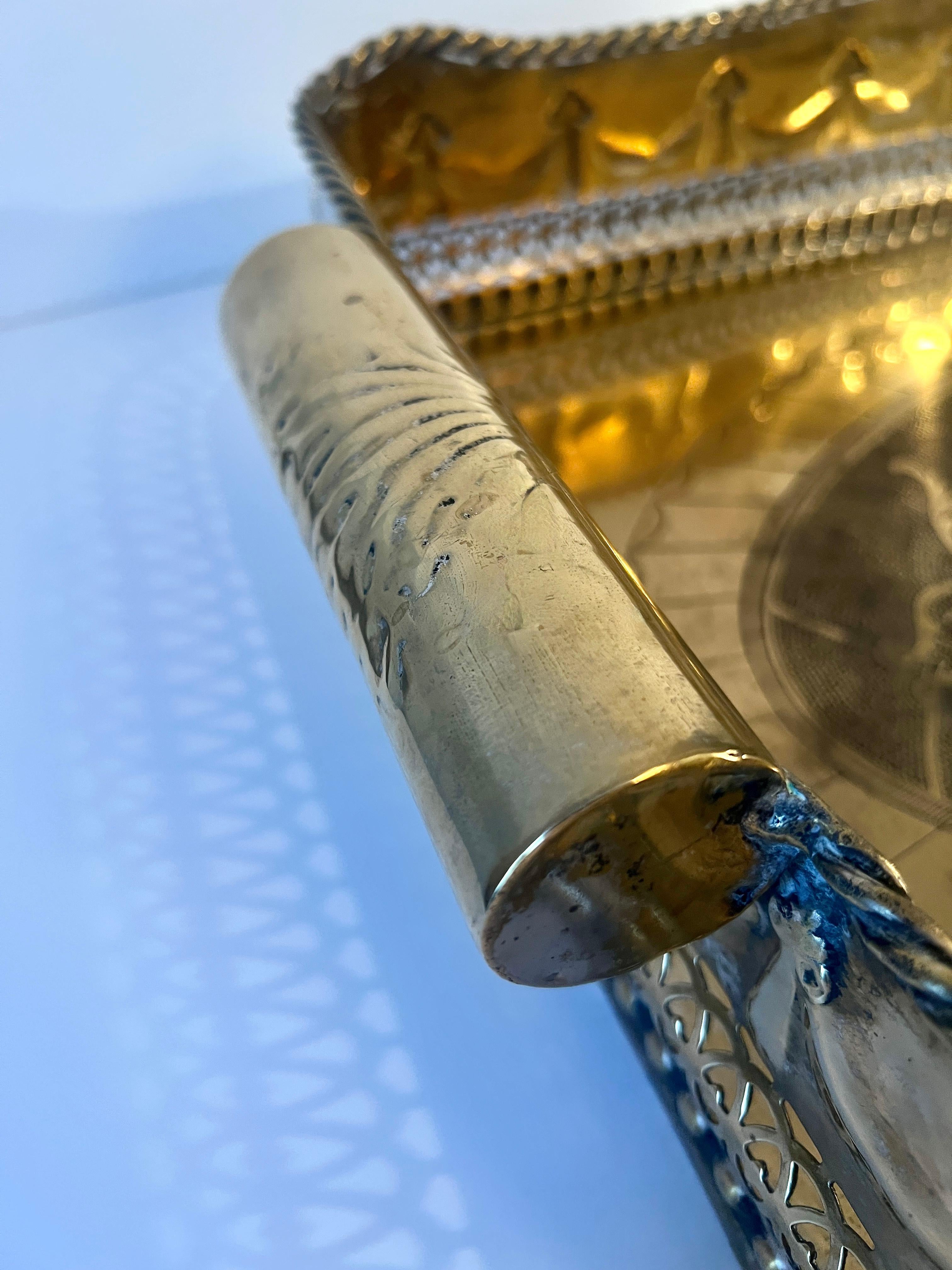 Hand-Crafted Brass Silverplate Tray Pierced Decorative  Gallery and Large Cylindrical Handl For Sale