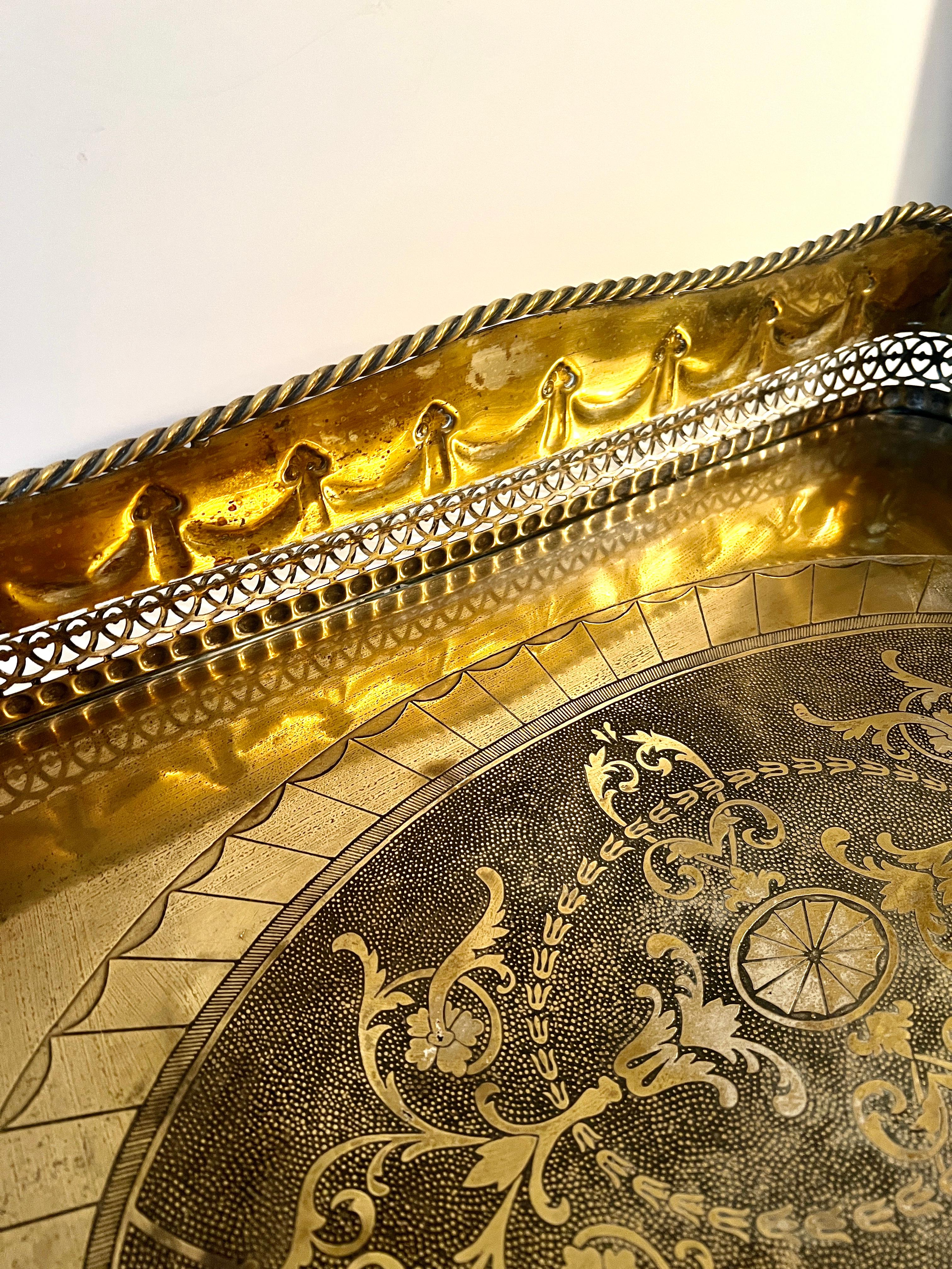 Brass Silverplate Tray Pierced Decorative  Gallery and Large Cylindrical Handl In Good Condition For Sale In Los Angeles, CA