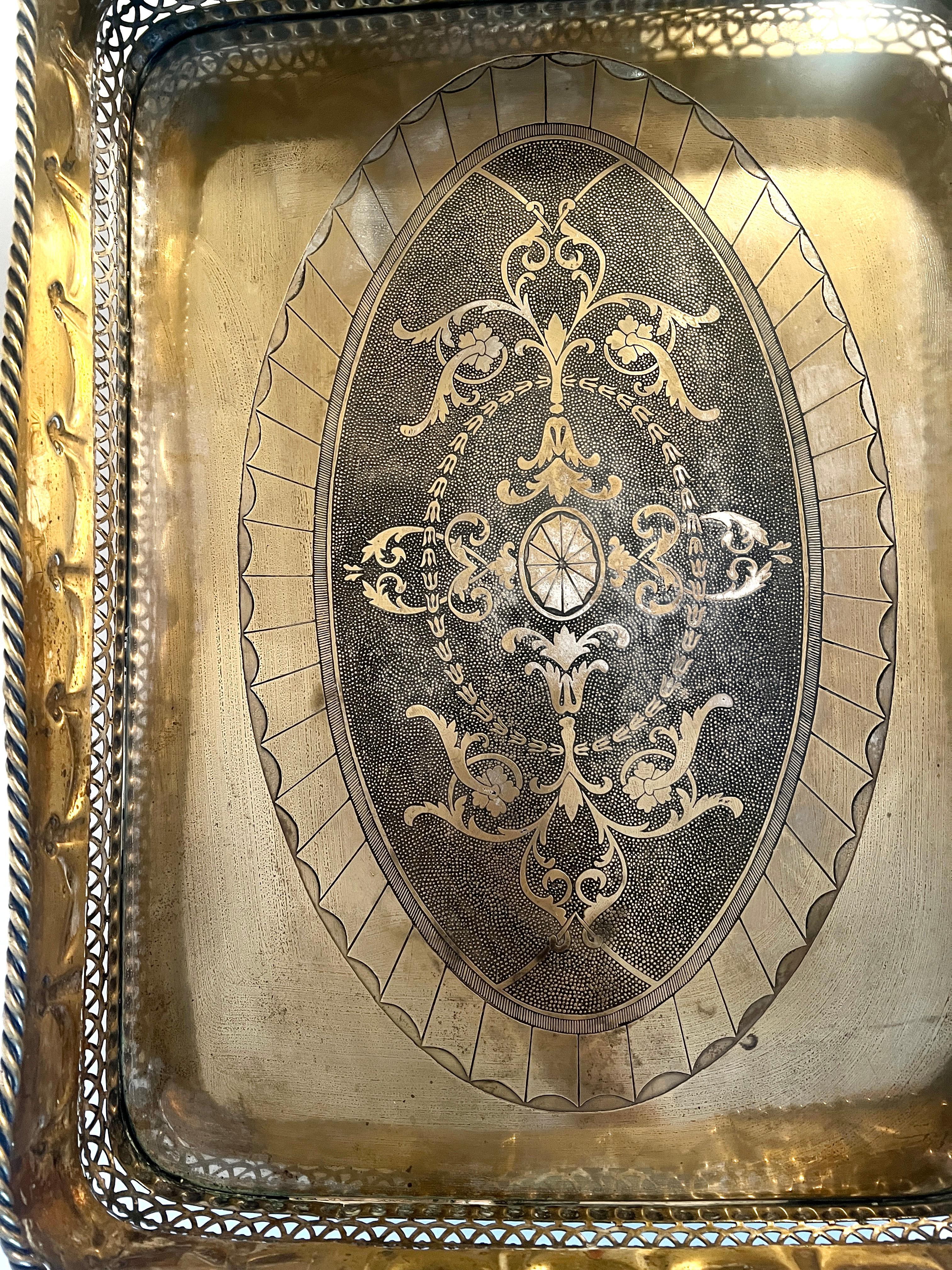 20th Century Brass Silverplate Tray Pierced Decorative  Gallery and Large Cylindrical Handl For Sale