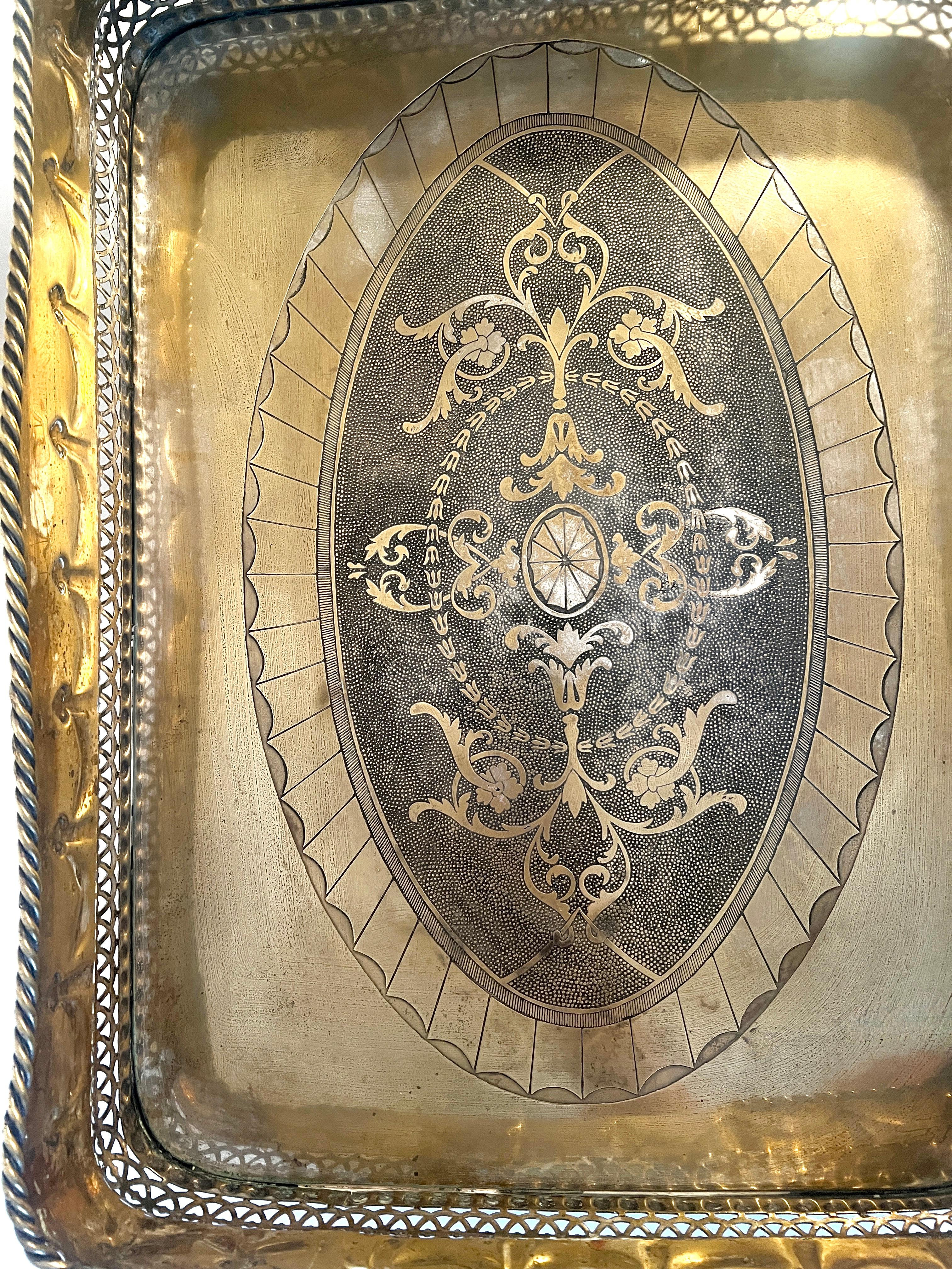 Silver Plate Brass Silverplate Tray Pierced Decorative  Gallery and Large Cylindrical Handl For Sale