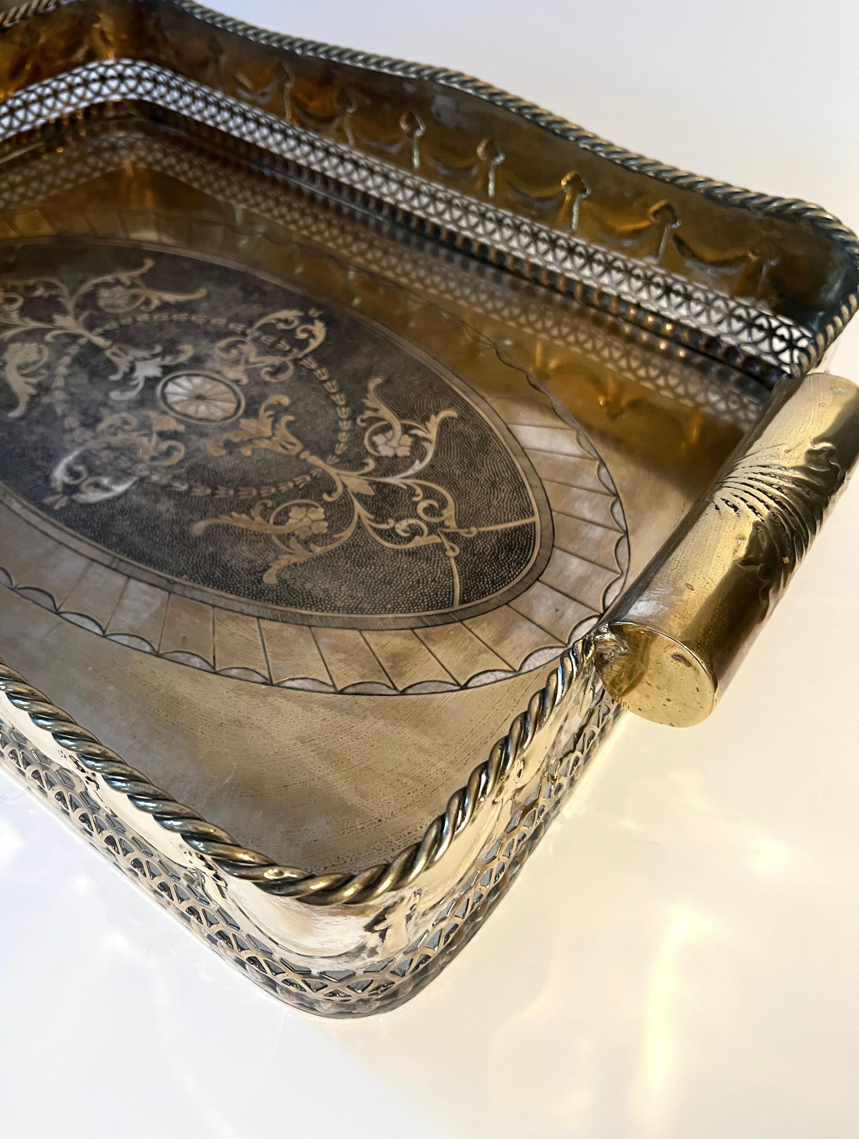 Brass Silverplate Tray Pierced Decorative  Gallery and Large Cylindrical Handl For Sale 1