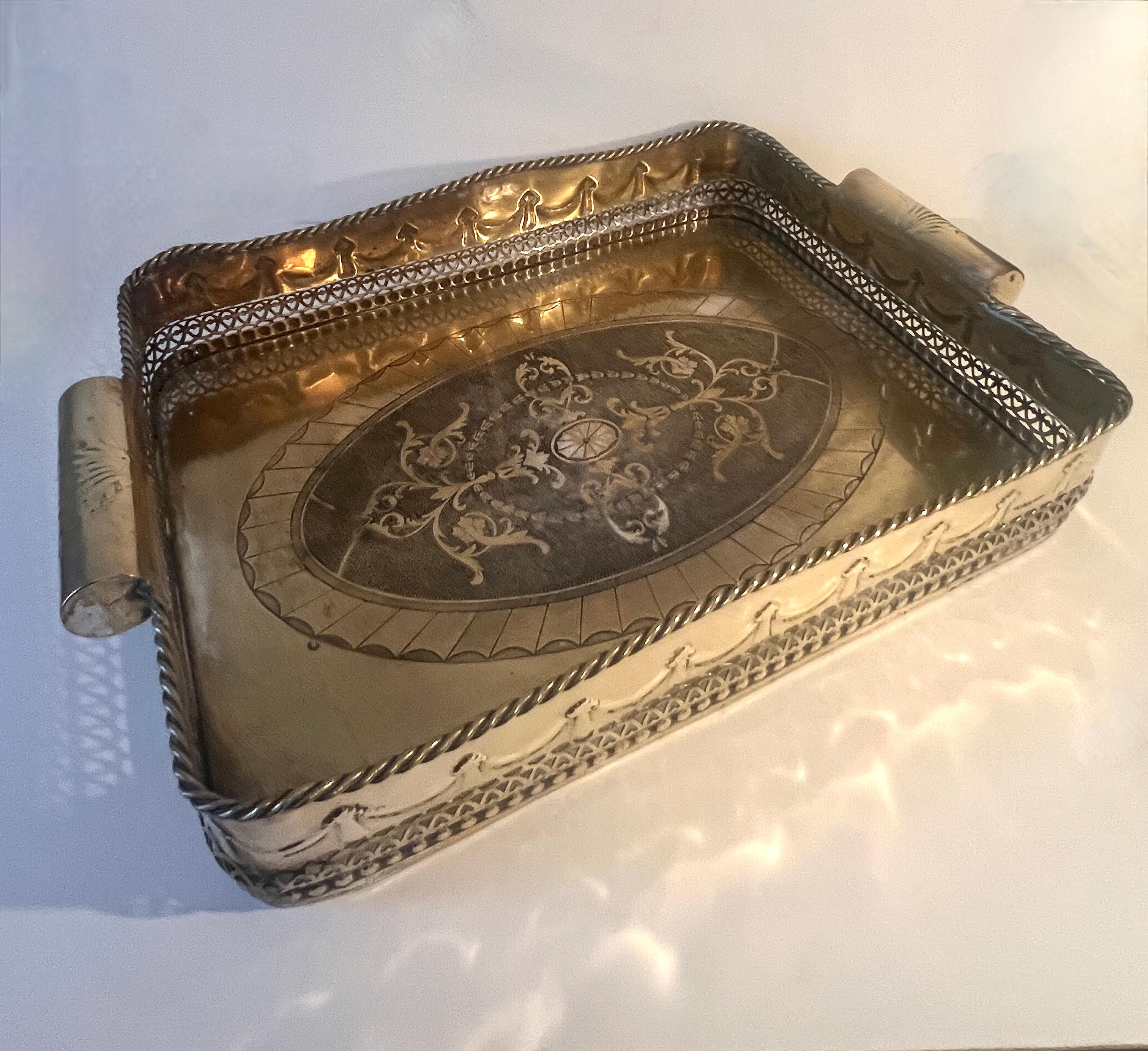 Brass Silverplate Tray Pierced Decorative  Gallery and Large Cylindrical Handl For Sale 2
