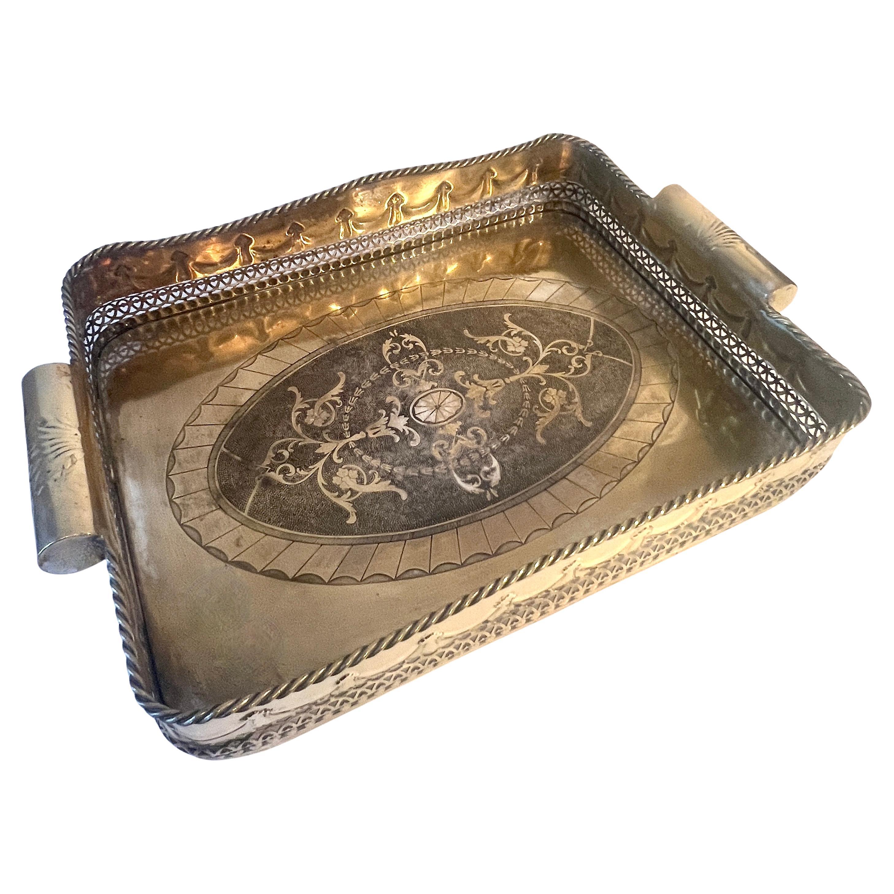 Brass Silverplate Tray Pierced Decorative  Gallery and Large Cylindrical Handl