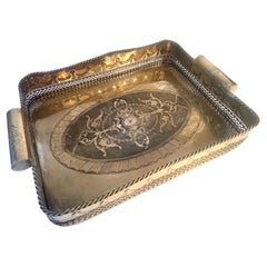 Brass Silverplate Tray Pierced Decorative  Gallery and Large Cylindrical Handl