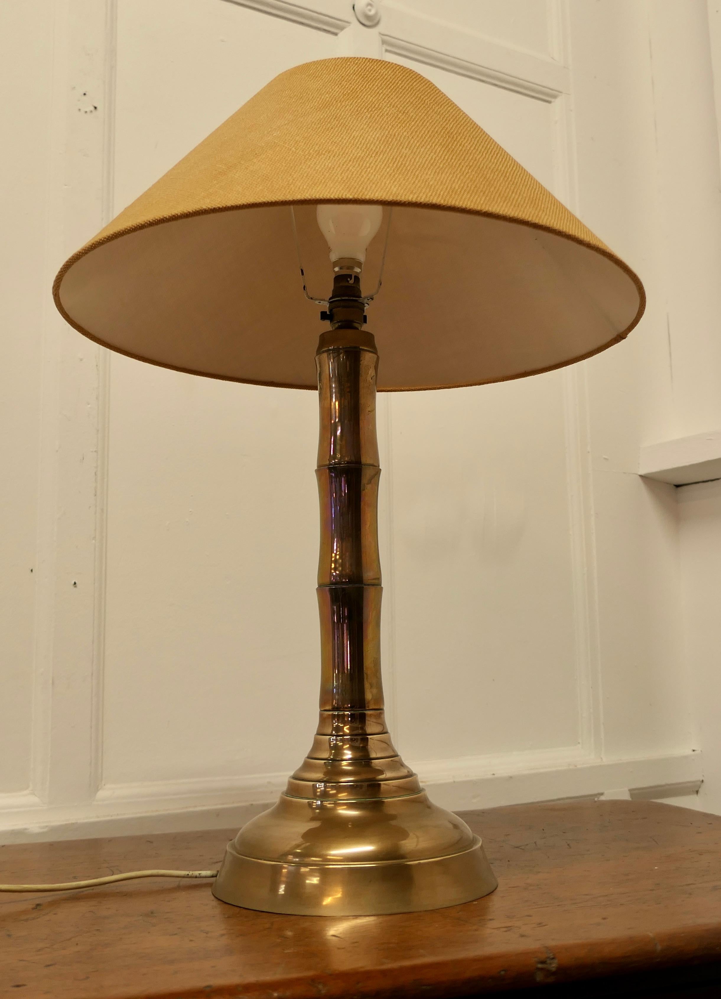 Brass Simulated Bamboo Table Lamp with Coolie Shade


A very pretty piece, the base of the lamp is a chunky column turned to look like giant bamboo 
The lamp is all working, and the shade is nearly new
The lamp is 28” tall and the base is 9” in