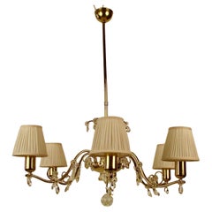 Brass Six Arm Chandelier , 1940's Austria, cream coloured silk shades