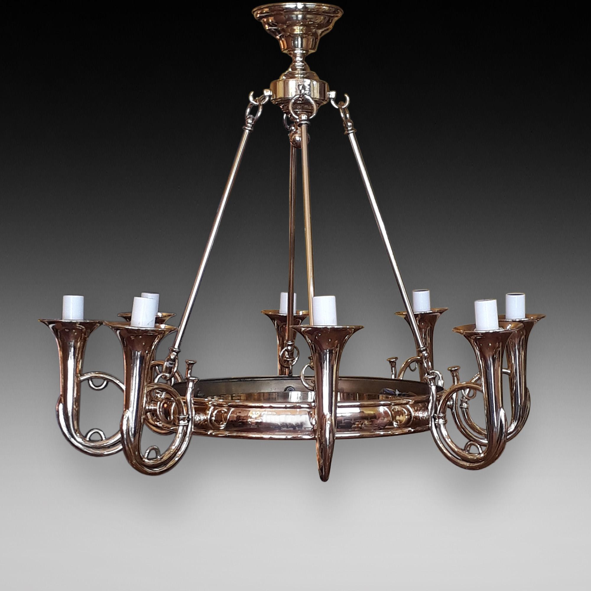 Brass Eight Arm Chandelier in the Form of Bugles   27