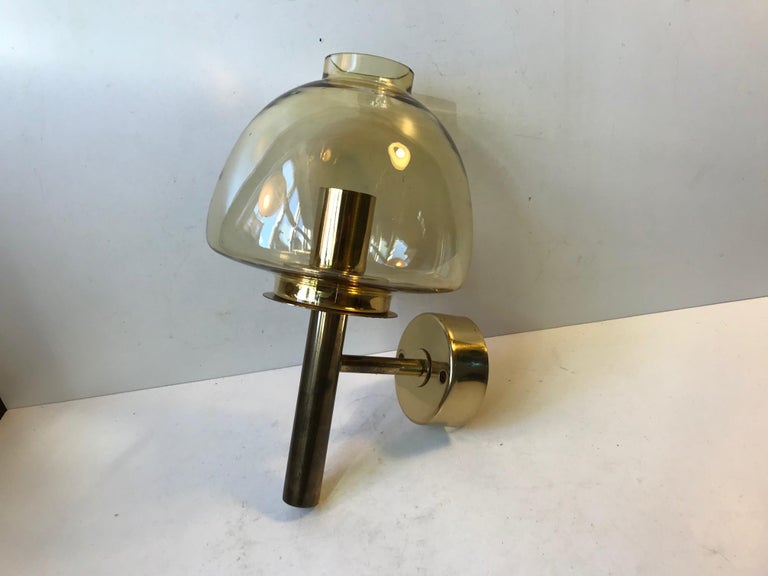 Mid-20th Century Brass and Smoke Glass Sconce by Hans Agne Jakobsson, 1960s For Sale
