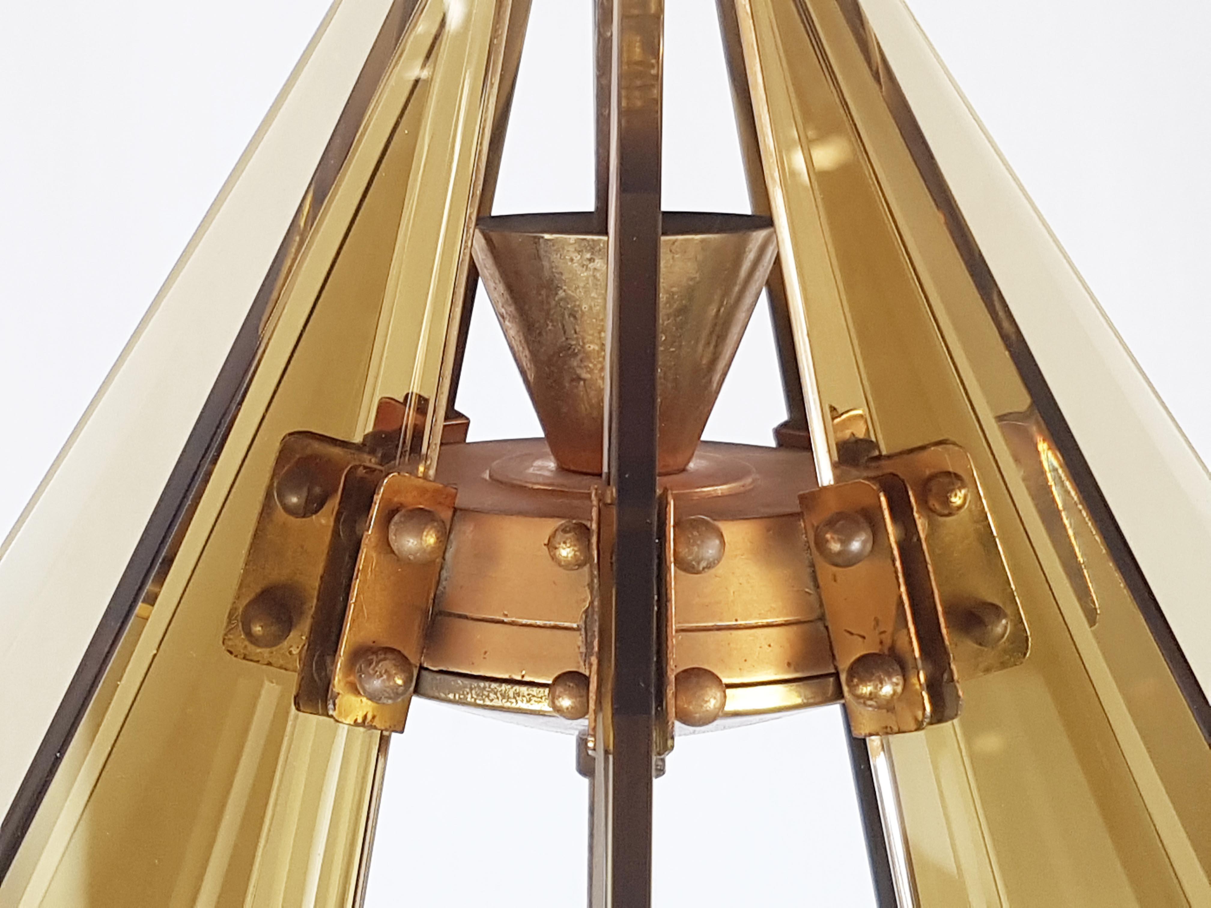 Mid-20th Century Brass & Smoked Glass 3-Light Pendant by Gino Paroldo, 1960s For Sale