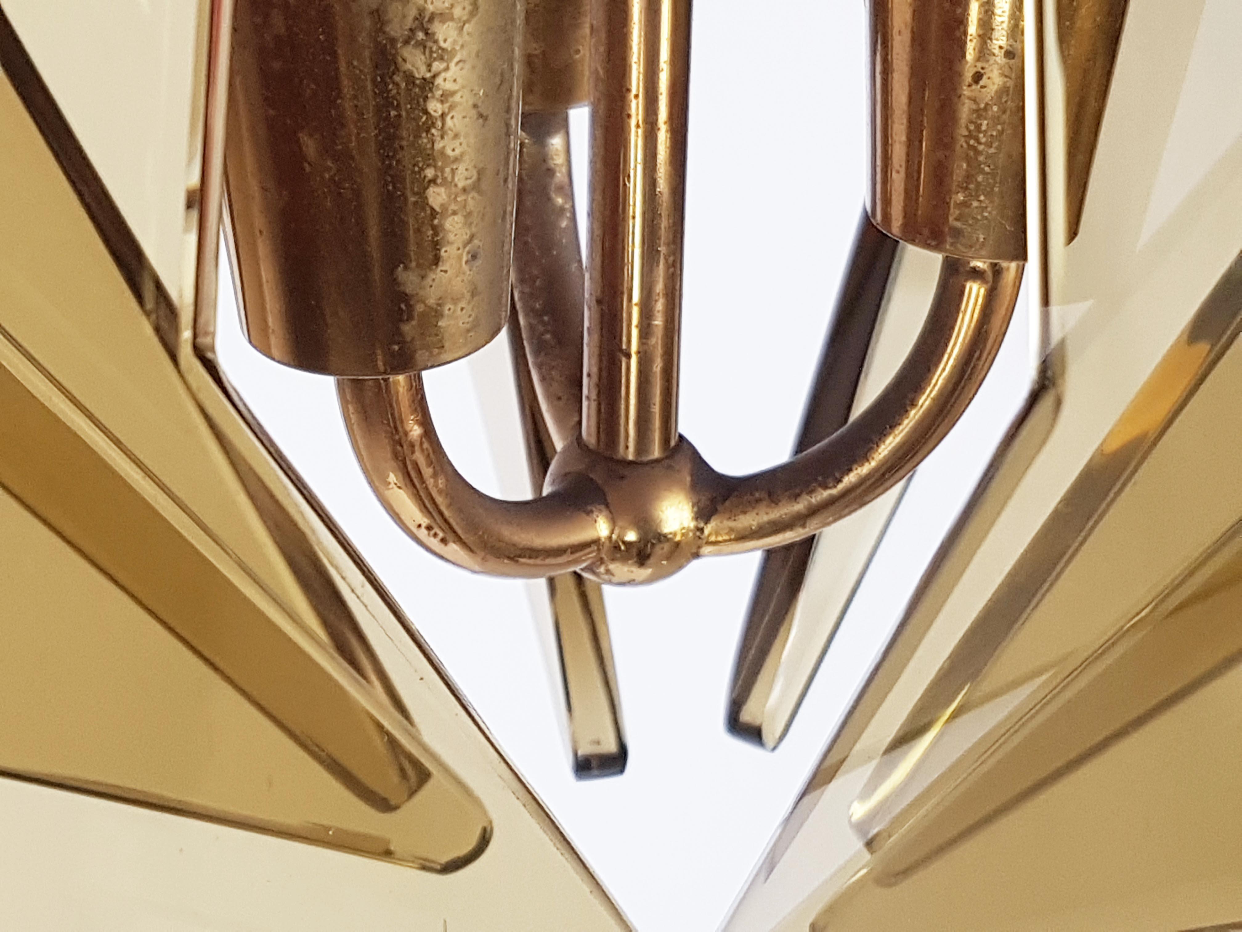 Brass & Smoked Glass 3-Light Pendant by Gino Paroldo, 1960s 3