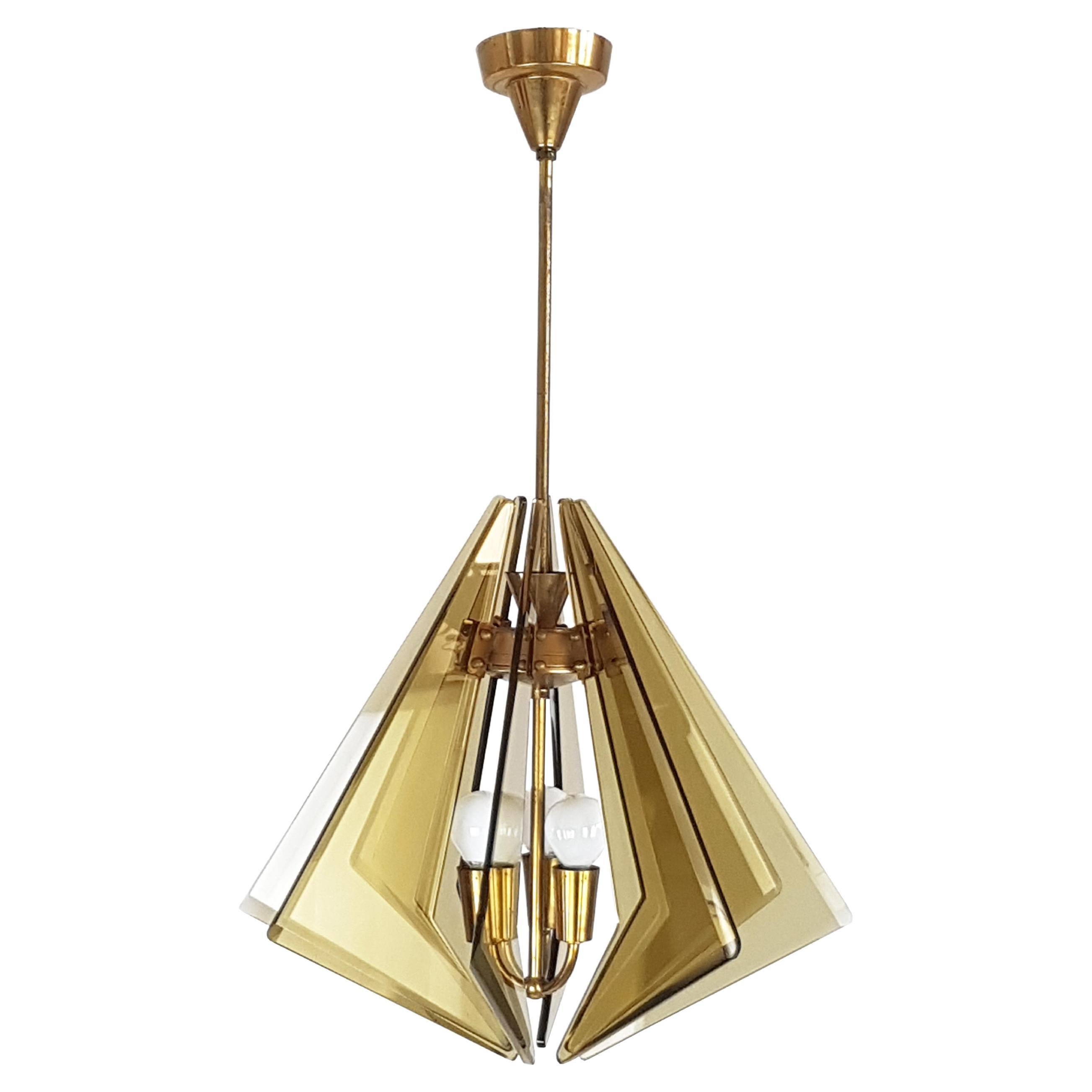 Brass & Smoked Glass 3-Light Pendant by Gino Paroldo, 1960s For Sale