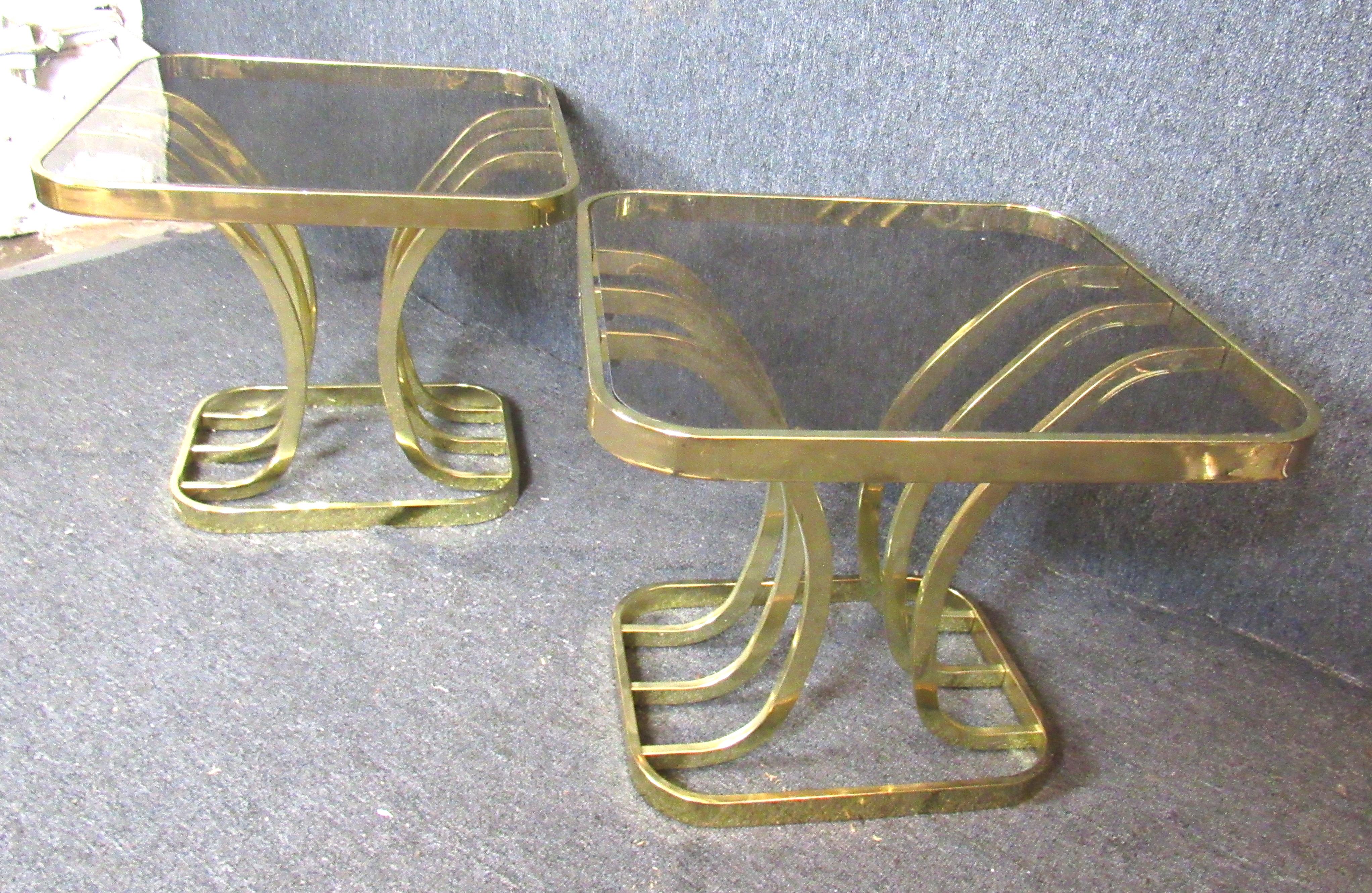 Brass Smoked Glass Side Tables For Sale 2