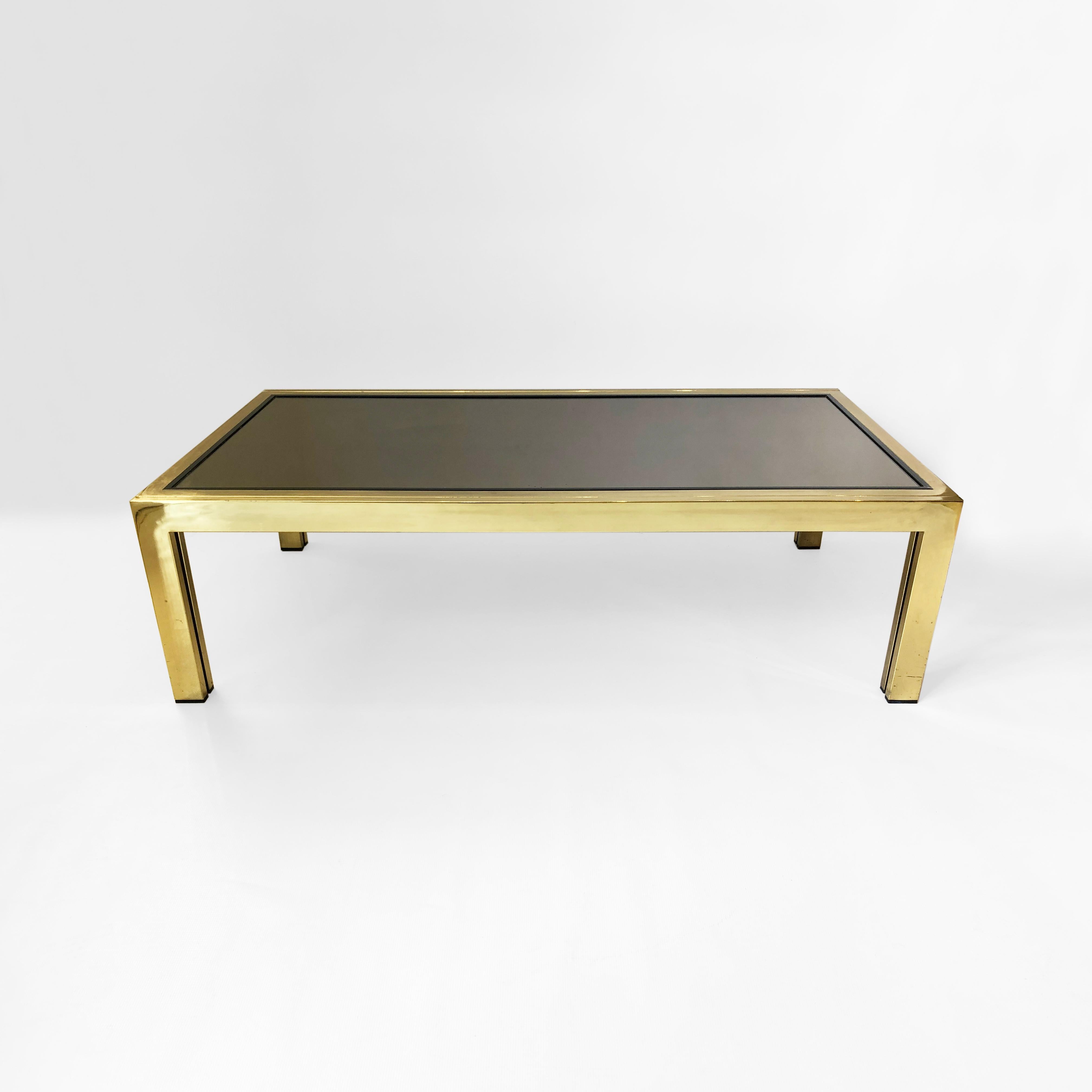 Italian Brass Smoked Mirror Rectangular Coffee Table 1970s Hollywood Regency Renato Zevi For Sale